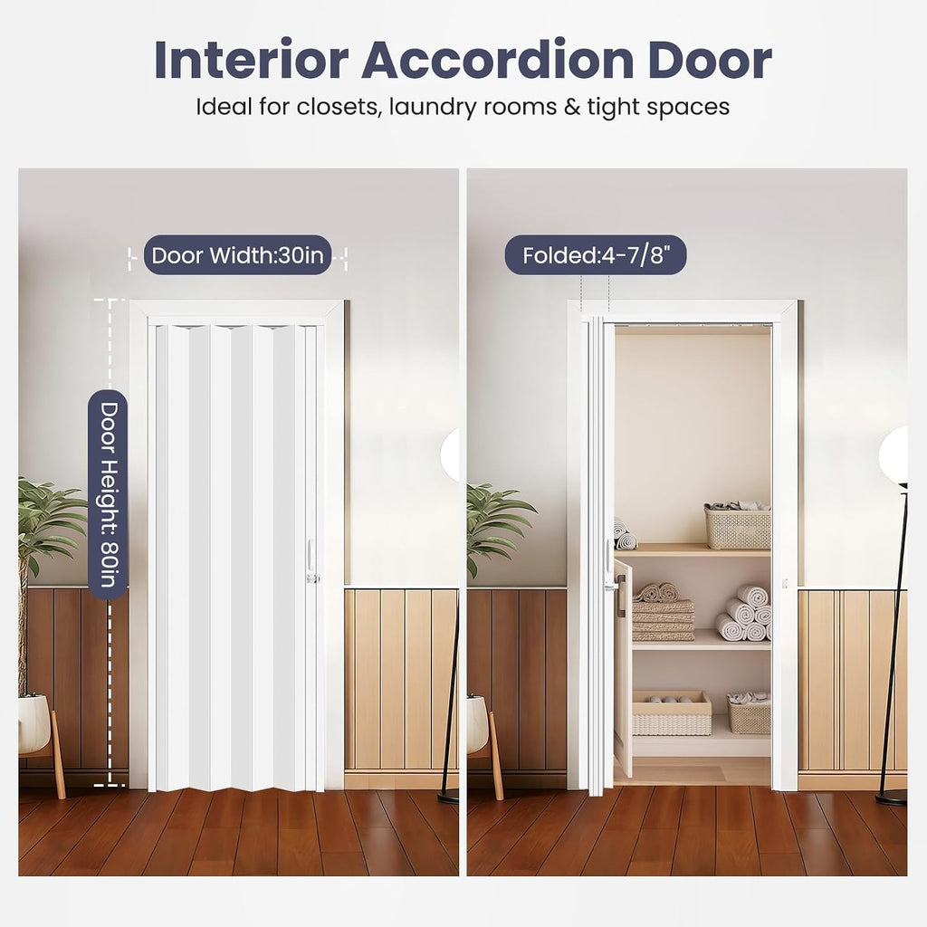 DIYHD 30X80in Accordion Door for Small Openning, White Double Layer PVC Folding Interior Door with Sliding Track Kit, Space-Saving Closet Door, No Floor Track, Dual-Sided Handle & Latch, Easy Install