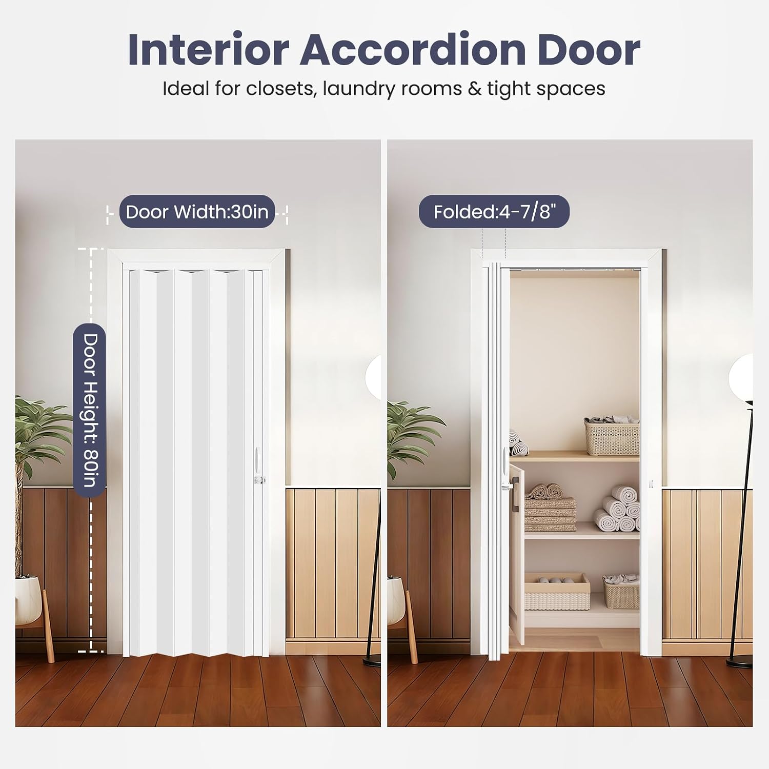 DIYHD 30X80in Accordion Door for Small Openning, White Double Layer PVC Folding Interior Door with Sliding Track Kit, Space-Saving Closet Door, No Floor Track, Dual-Sided Handle & Latch, Easy Install
