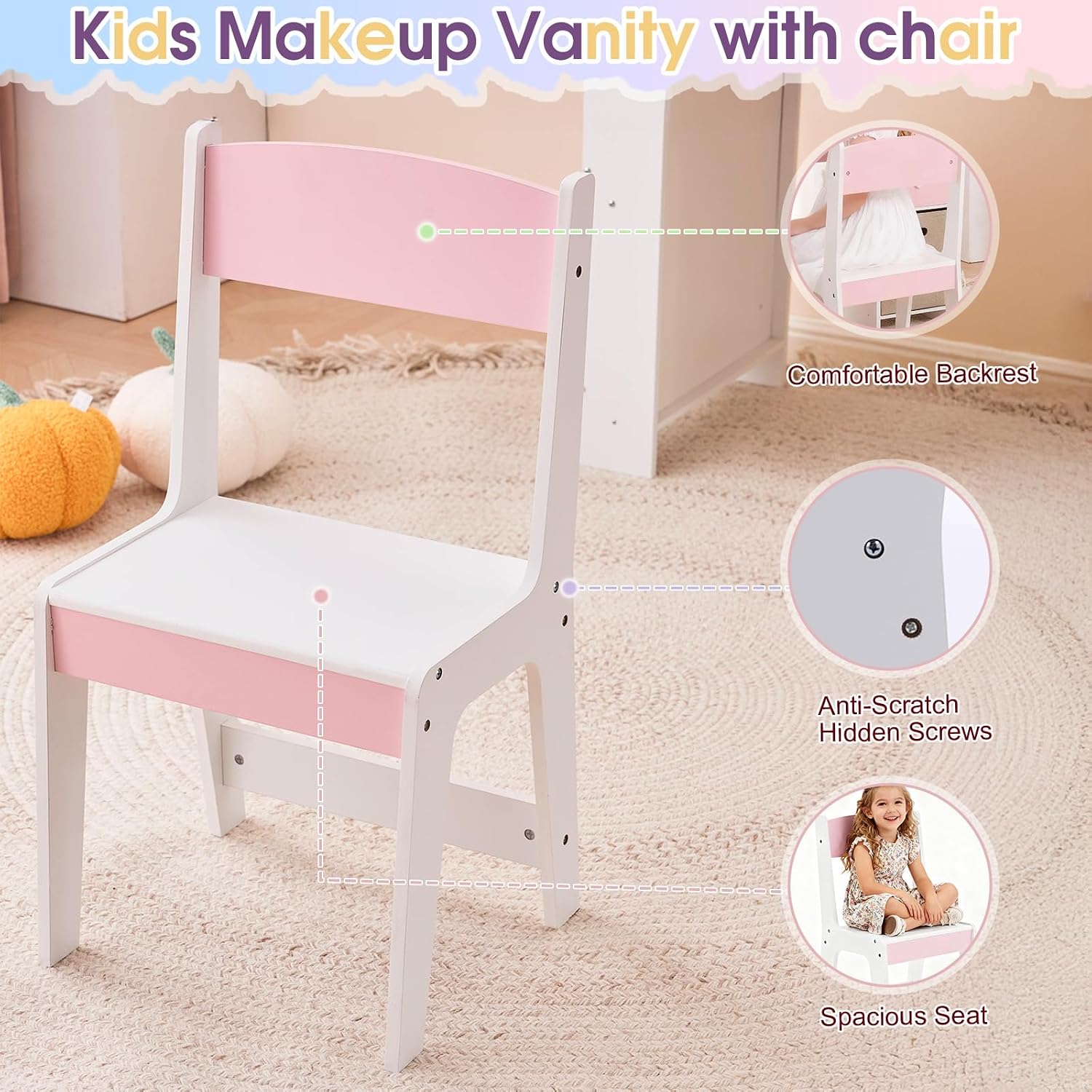 Kids Vanity Table and Chair Set with Lights, Toddler Makeup Vanity Desk with Open Bookshelf, Girls Vanity with Removable Drawers, Storage Shelves,Castle Star Pattern for Princess, White