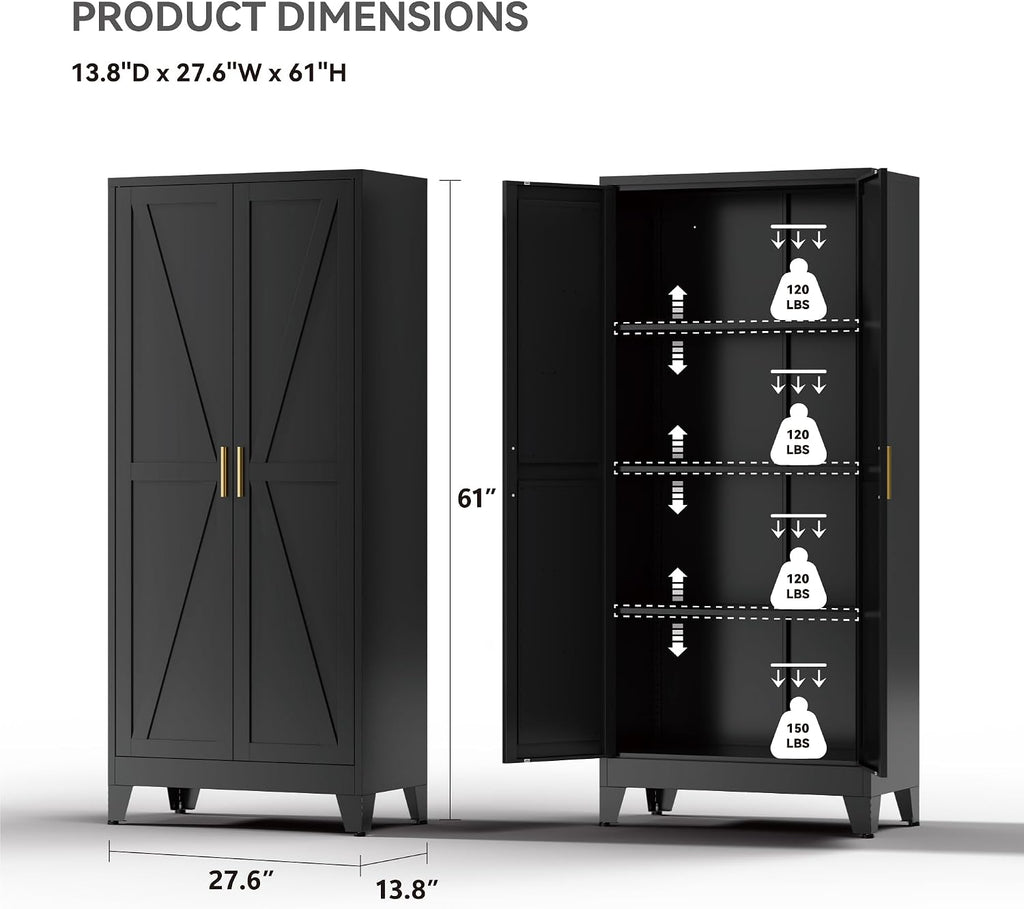 Farmhouse Pantry Cabinet with Barn Doors,61' H x 27.5' W,Metal Cabinet with Adjustable Shelves,4-Tier Storage Cabinet for Kitchen Dining Room Garage Office,Black 1 Pack