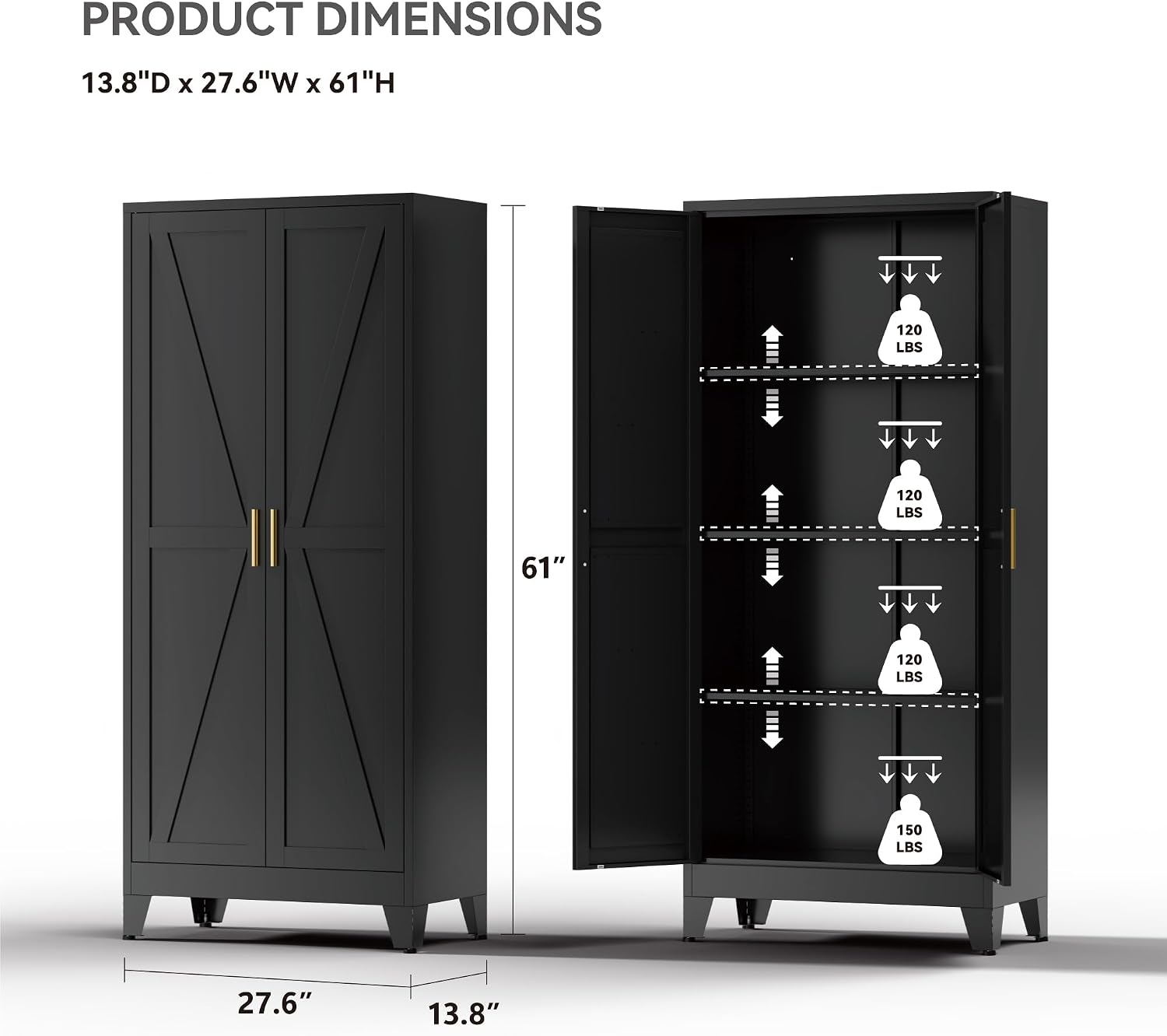 Farmhouse Pantry Cabinet with Barn Doors,61' H x 27.5' W,Metal Cabinet with Adjustable Shelves,4-Tier Storage Cabinet for Kitchen Dining Room Garage Office,Black 1 Pack