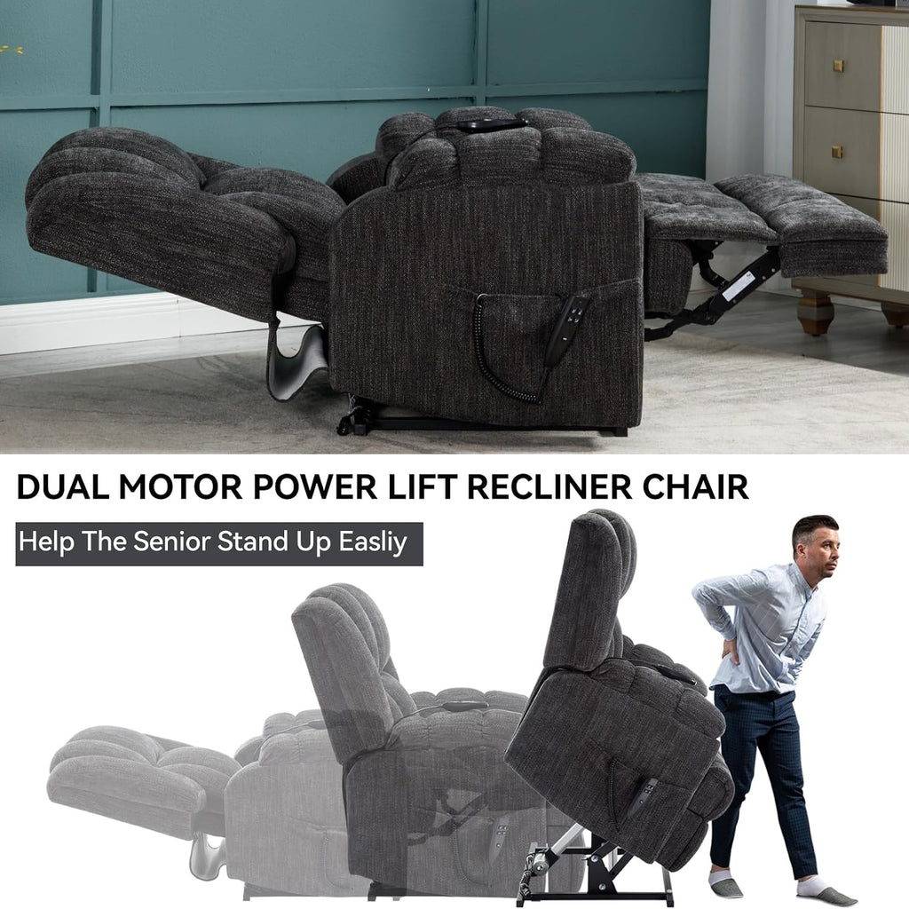 Power Lift Recliner Chair for Elderly, Oversized Chenille Electric Recliners Chairs for Living Room, Dual Motor 180° Lay Flat Recliner Big Sofa with Massage and Heating, Heavy-Duty, Grey
