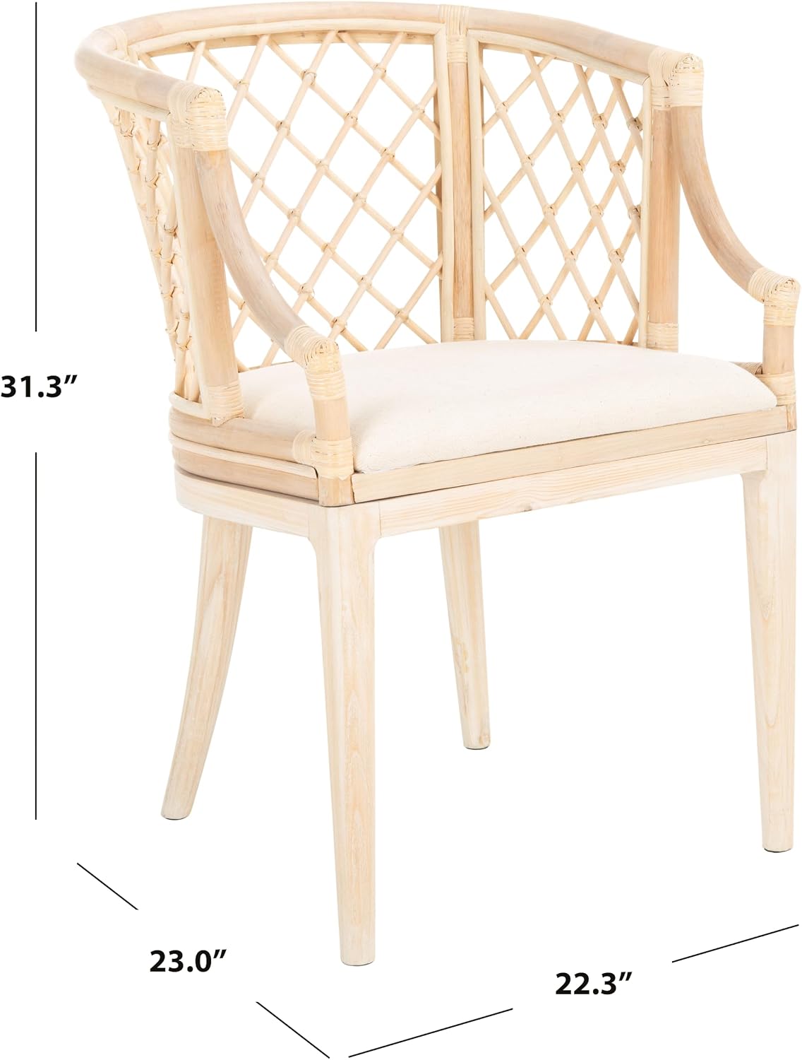SAFAVIEH Home Collection – Carlotta Natural Rattan Arm Chair with White Cotton Cushion, Coastal Bistro Accent Chair for Dining, Living Room, Bedroom or Office (SEA4013B)