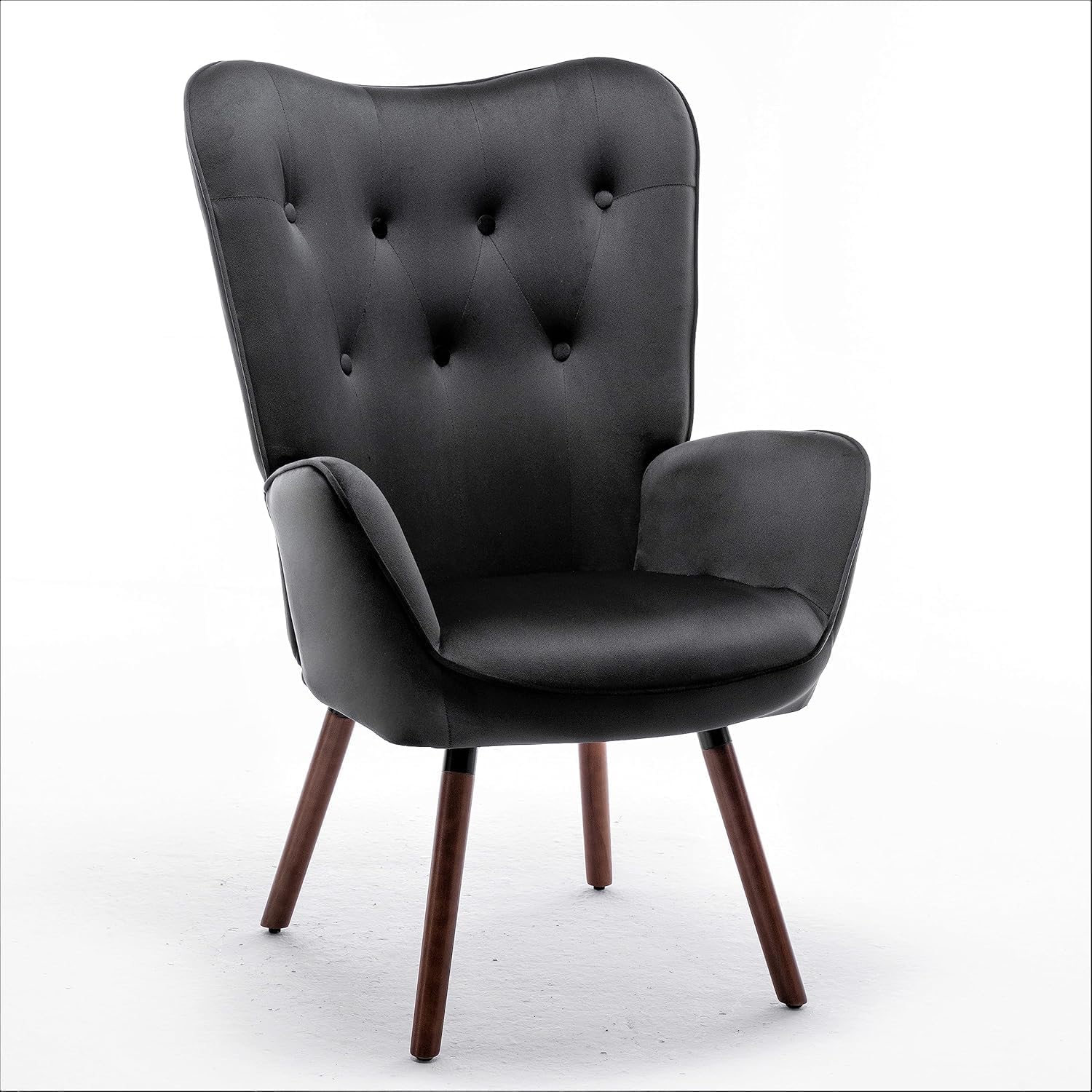 Container Furniture Direct Chic Accent Arm Chairs for Living Room, Bedroom, or Home Office, Button-Tufted Midcentury Armchair with Wingback Design and Splayed Legs, Black