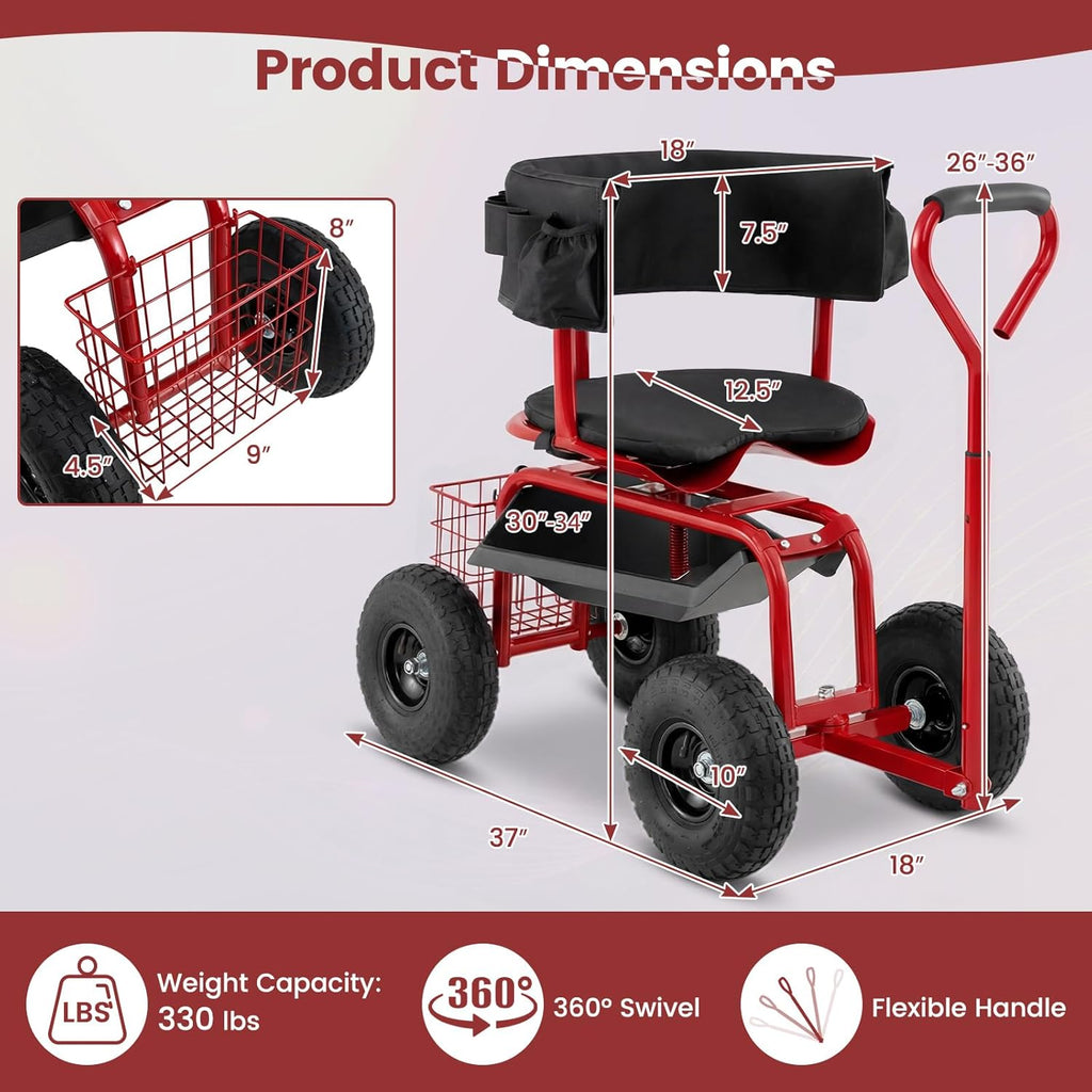 Goplus Garden Seat with Wheels, Rolling Gardening Stool with Adjustable 360° Swivel Seat, Tool Tray & Storage Basket, Extendable Handle, Outdoor Gardening Scooter, Garden Cart Workseat for Seniors