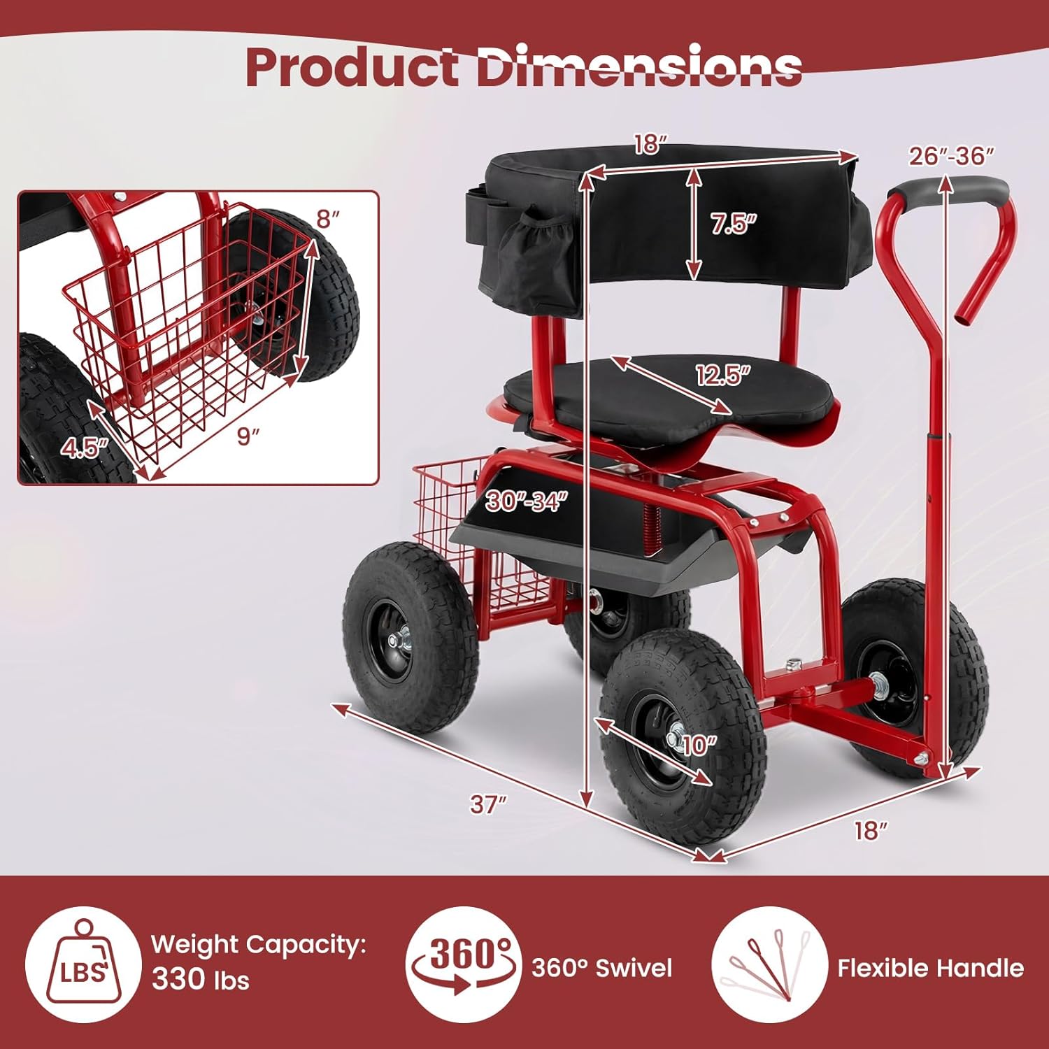 Goplus Garden Seat with Wheels, Rolling Gardening Stool with Adjustable 360° Swivel Seat, Tool Tray & Storage Basket, Extendable Handle, Outdoor Gardening Scooter, Garden Cart Workseat for Seniors