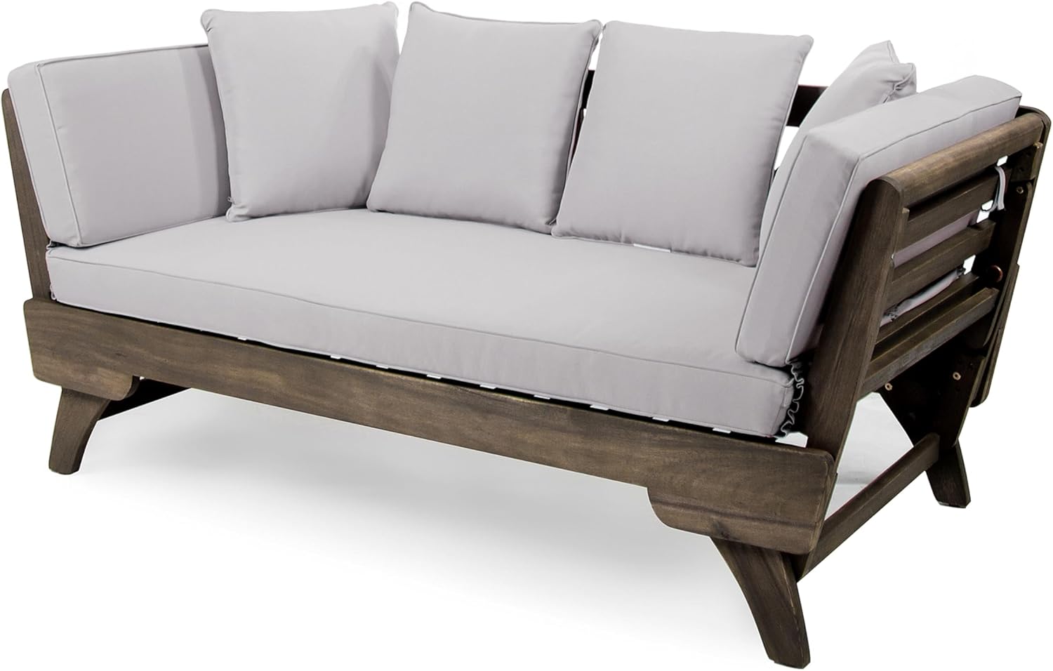 Christopher Knight Home Gary Patio Convertible Couch, Wooden Outdoor Daybed, 3-Seater Acacia Wood Patio Furniture Lounge Sofa for Backyard/Poolside/Garden, Back Pillow+Removable Cushion, Grey
