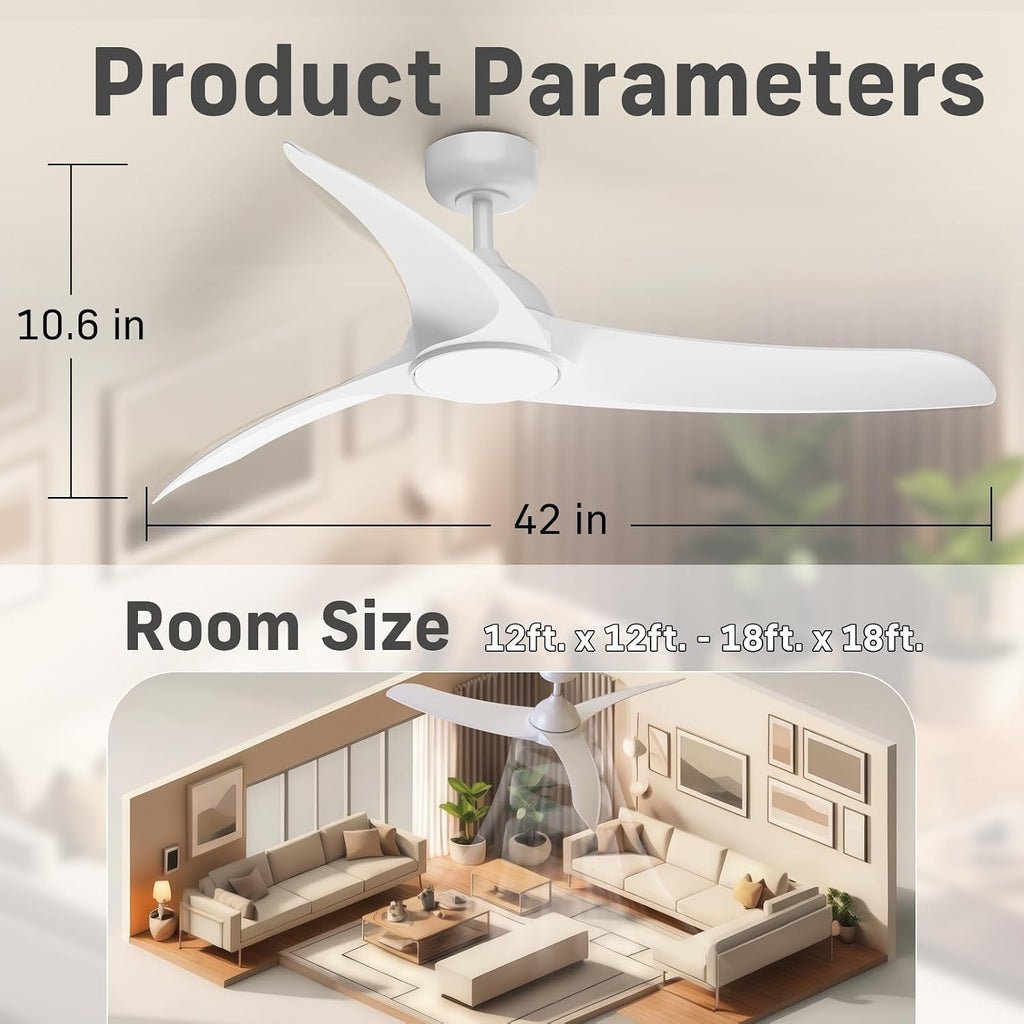 Ceiling Fans with Lights, Flush Mount Ceiling Fan with Light and Remote, LED Dimmable, 6 Speeds, Quiet Reversible Motor, Modern Ceiling Fan with Light for Indoor/Outdoor (White, 42 inch + 56 inch)