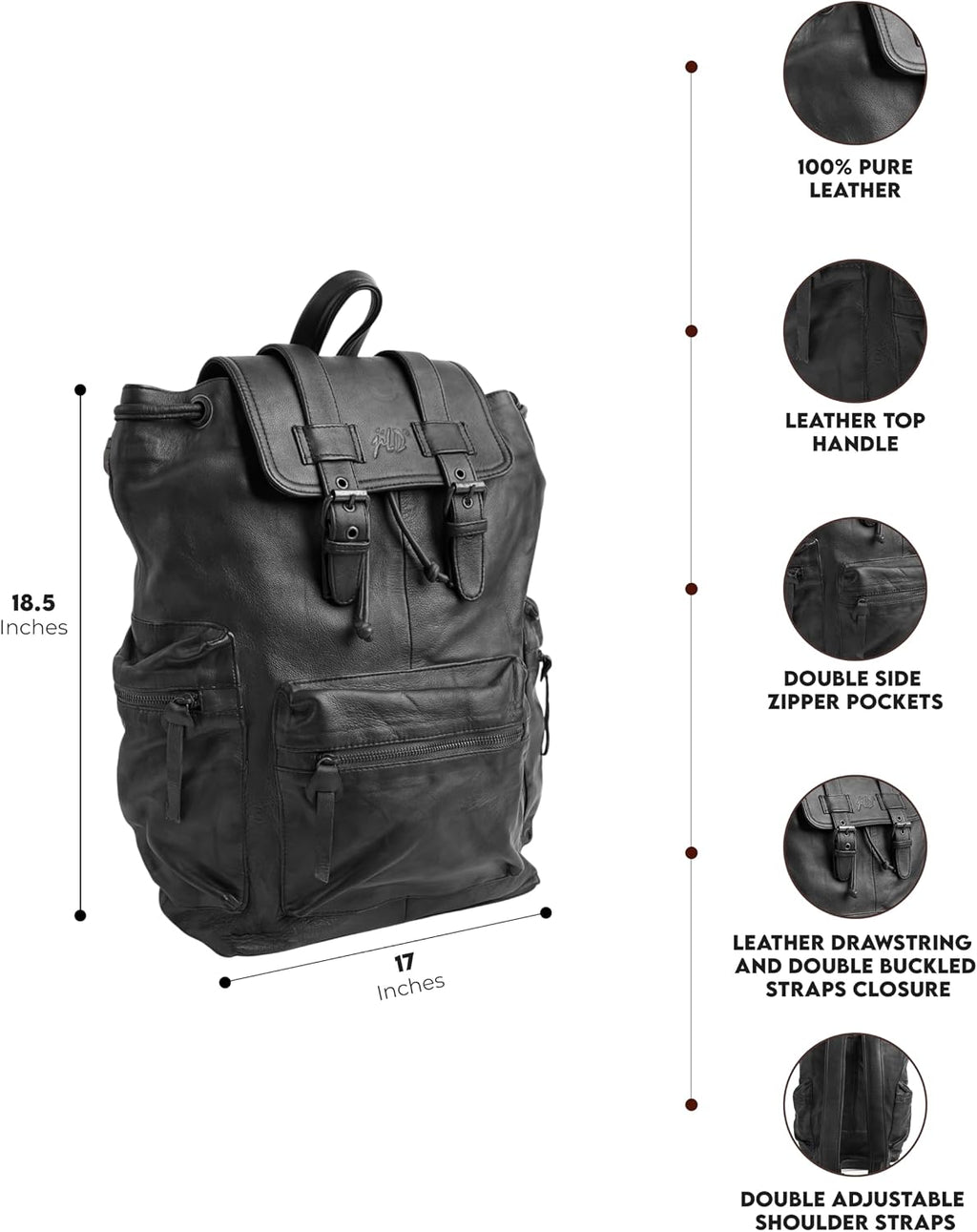 Jild Genuine Leather Backpack for Women or Men Carry-On Travel Backpack Shoulder Hiking Camping Vintage Leather Laptop Bag (Black)
