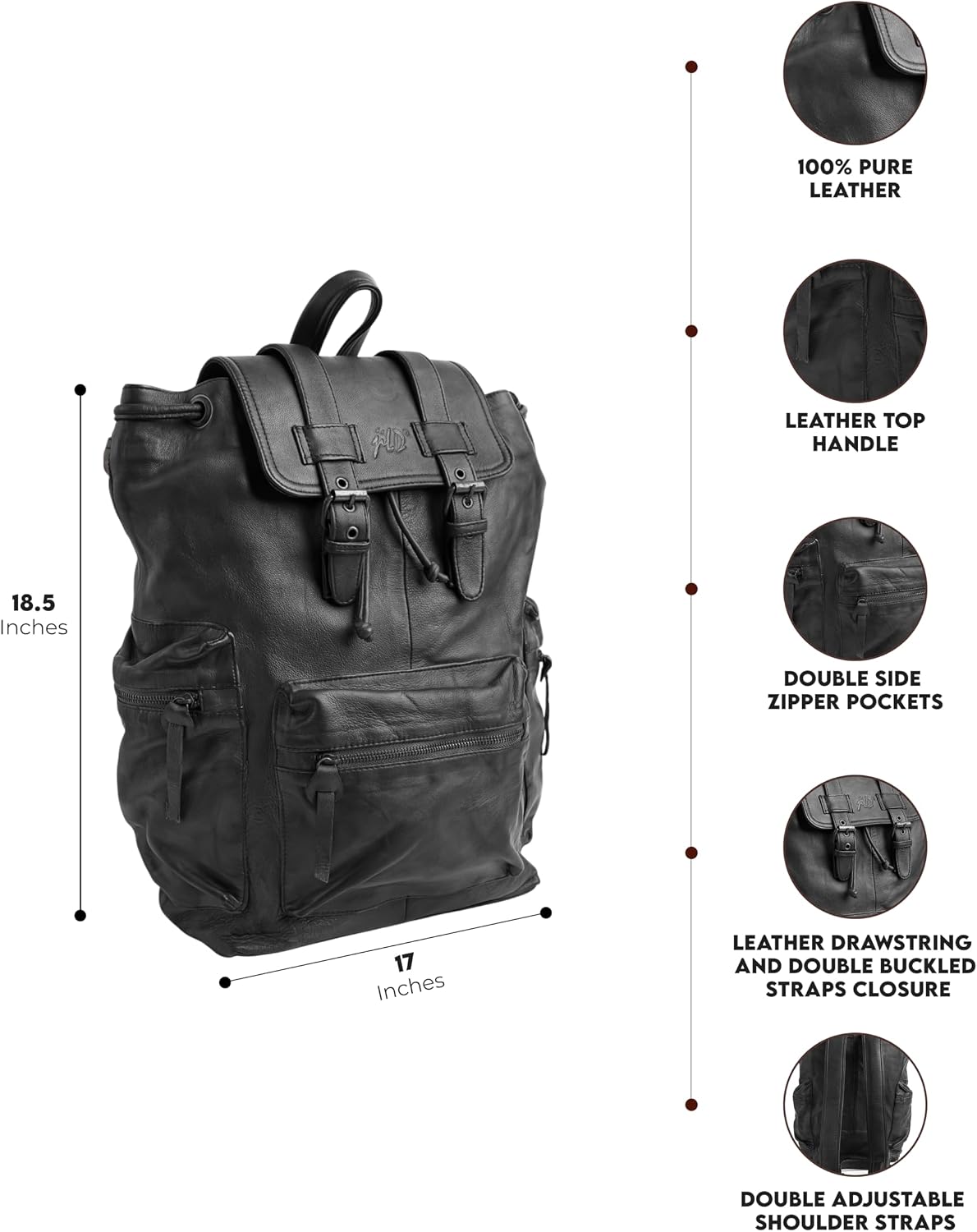 Jild Genuine Leather Backpack for Women or Men Carry-On Travel Backpack Shoulder Hiking Camping Vintage Leather Laptop Bag (Black)