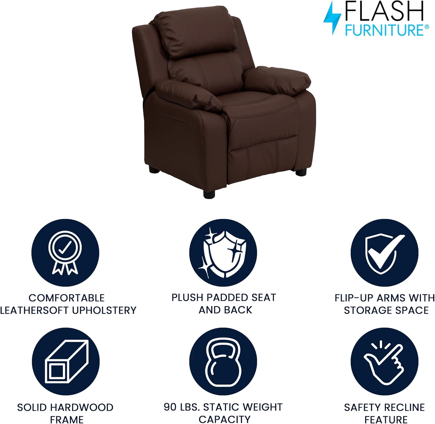 Flash Furniture Charlie LeatherSoft Kids Recliner with Flip-Up Storage Arms and Safety Recline, Contemporary Reclining Chair for Kids, Supports up to 90 lbs., Brown