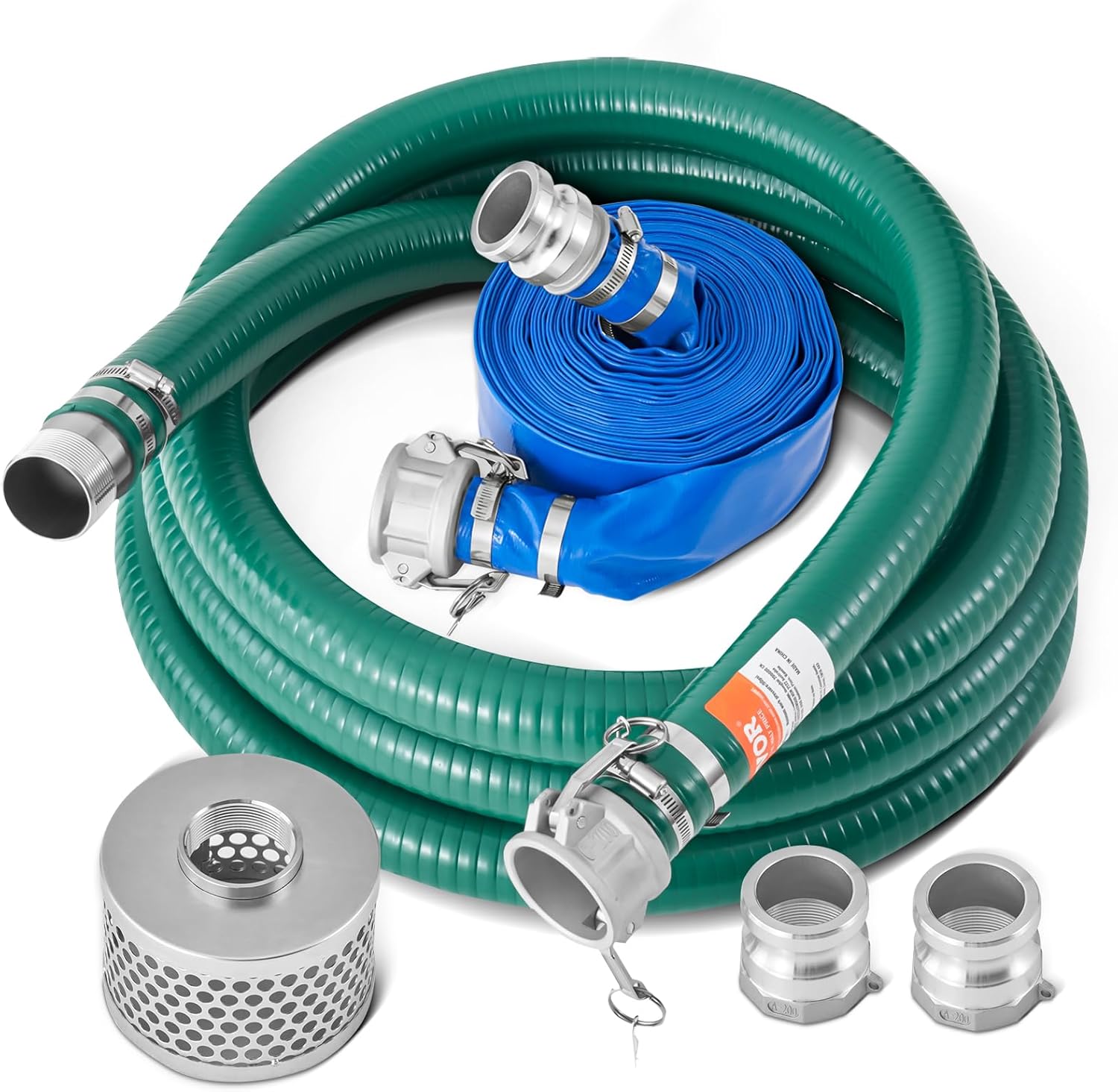 VEVOR Suction Hose Kit for Water Pump, with 2 in x 50 ft Blue Backwash Hose, 20 ft Green Suction Hose, and Steel Round Hole Strainer, Camlocks, Clamps, Cam & Groove Adapter, for Multiple Purposes