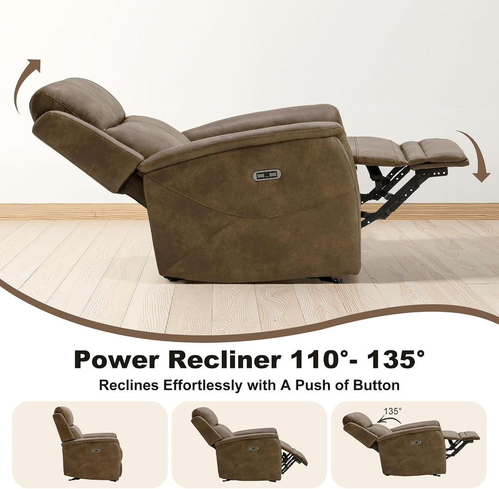 MROYAL Recliner Chair with USB & Type-C Port Faux Leather Recliner Chairs for Adults Recliner Sofa with Adjustable Footrest Recliner Chairs for Living Room, Office, Bedroom, Small Spaces, Brown