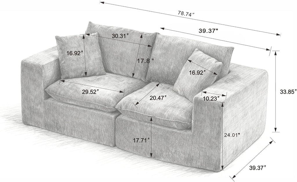 78-Inch Boneless Love Seat Couches in a Box, Modern 2 Seat Floor Modular Foam Cloud Sofa Chenille Loveseat Couch W/Wide Square Armrests for Home Apartments Bedroom