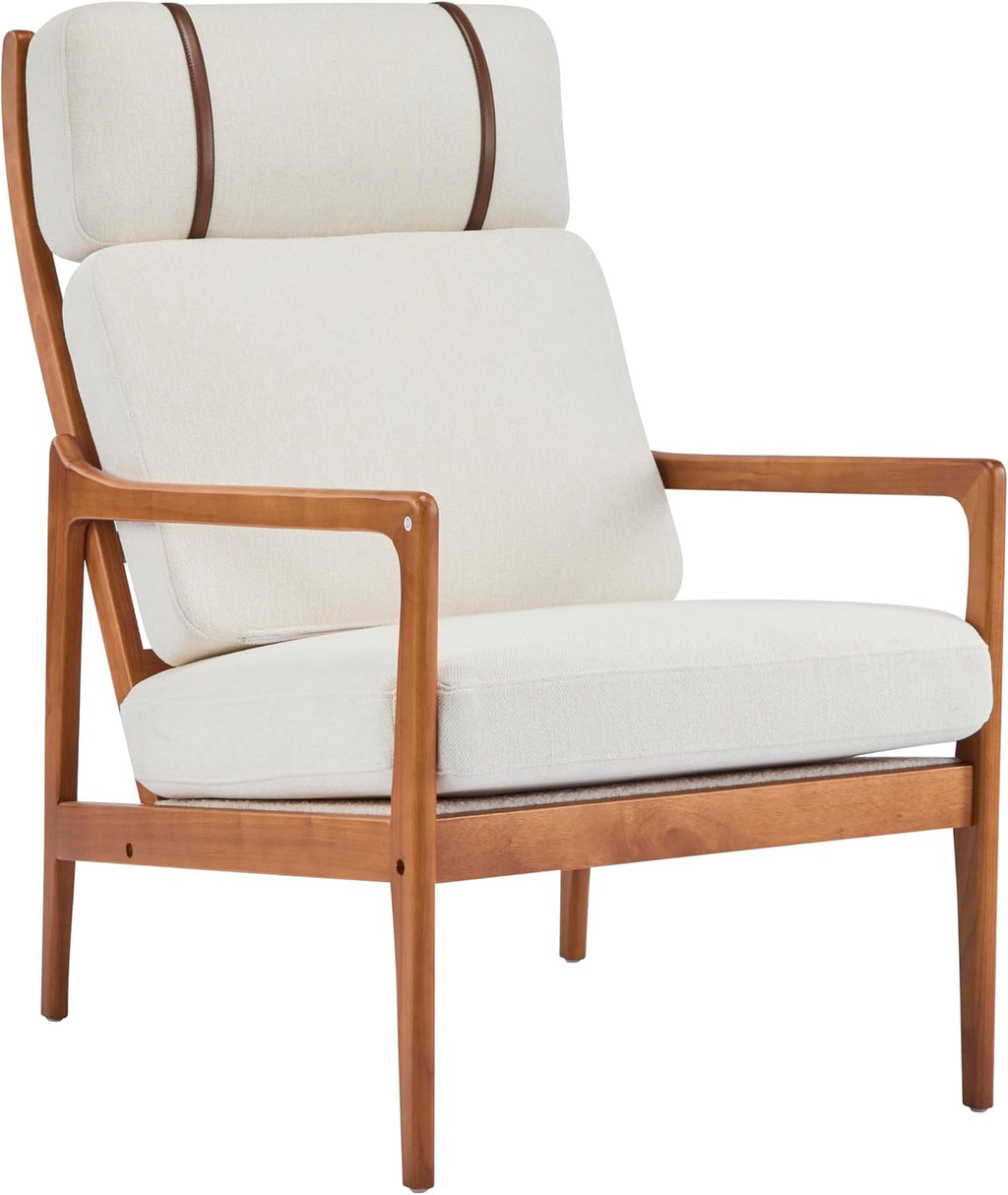 Christopher Knight Home Nadine Wooden Club Chair, Upholstered Accent Chair, Cushions Support Armchair, Comfy Lounge, Single Reading Sofa, Solid Wood Frame Armchair for Living Room Home, Beige+Teak