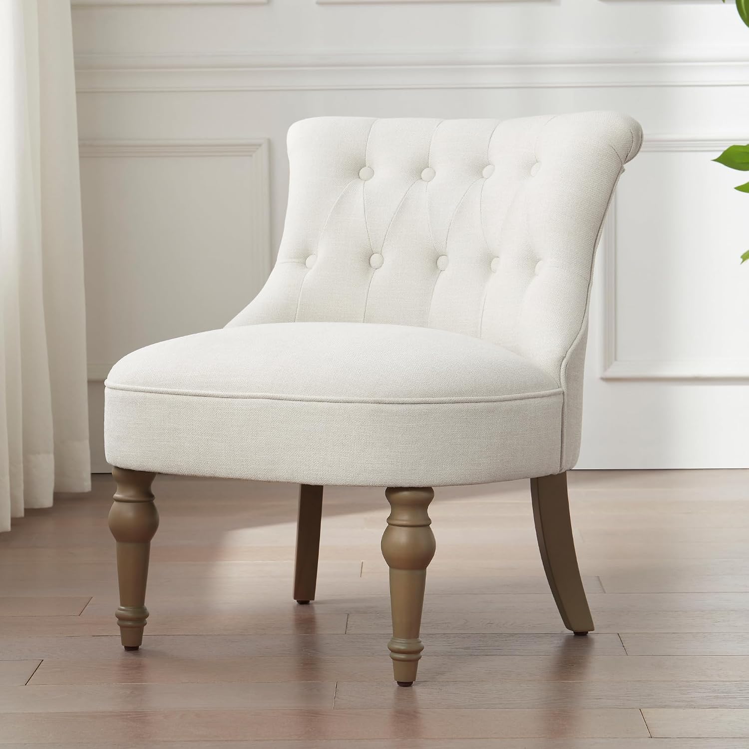 Zihanhome Living Room Chairs, Armless Accent Chair, Comfy Tufted Bedroom Chair, Upholstered Chair with Wooden Legs for Reading Room, Reception, Apartments and Dormitories (Beige)