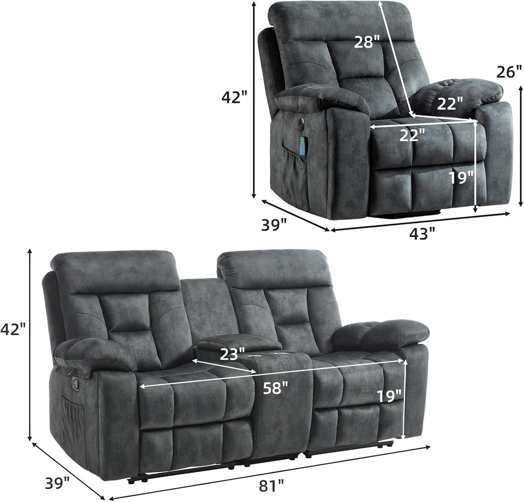 EBELLO 2 Piece Reclining Living Room Set, Soft Fabric Recliner Sofa Set, Included Power Lift Recliner Chair with Massage and Heat and Loveseat, Dark Greenish-Grey