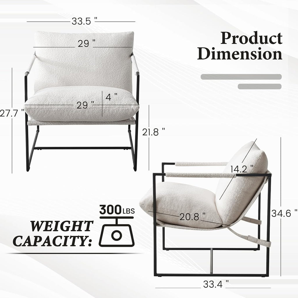 Furnilivng Large Sling Accent Chairs Set of 2, Comfortable Boucle Fabric Arm Chair, Upholstered Cozy Reading Chair for Living Room, Bedroom, Dressing Room, Home Office, White