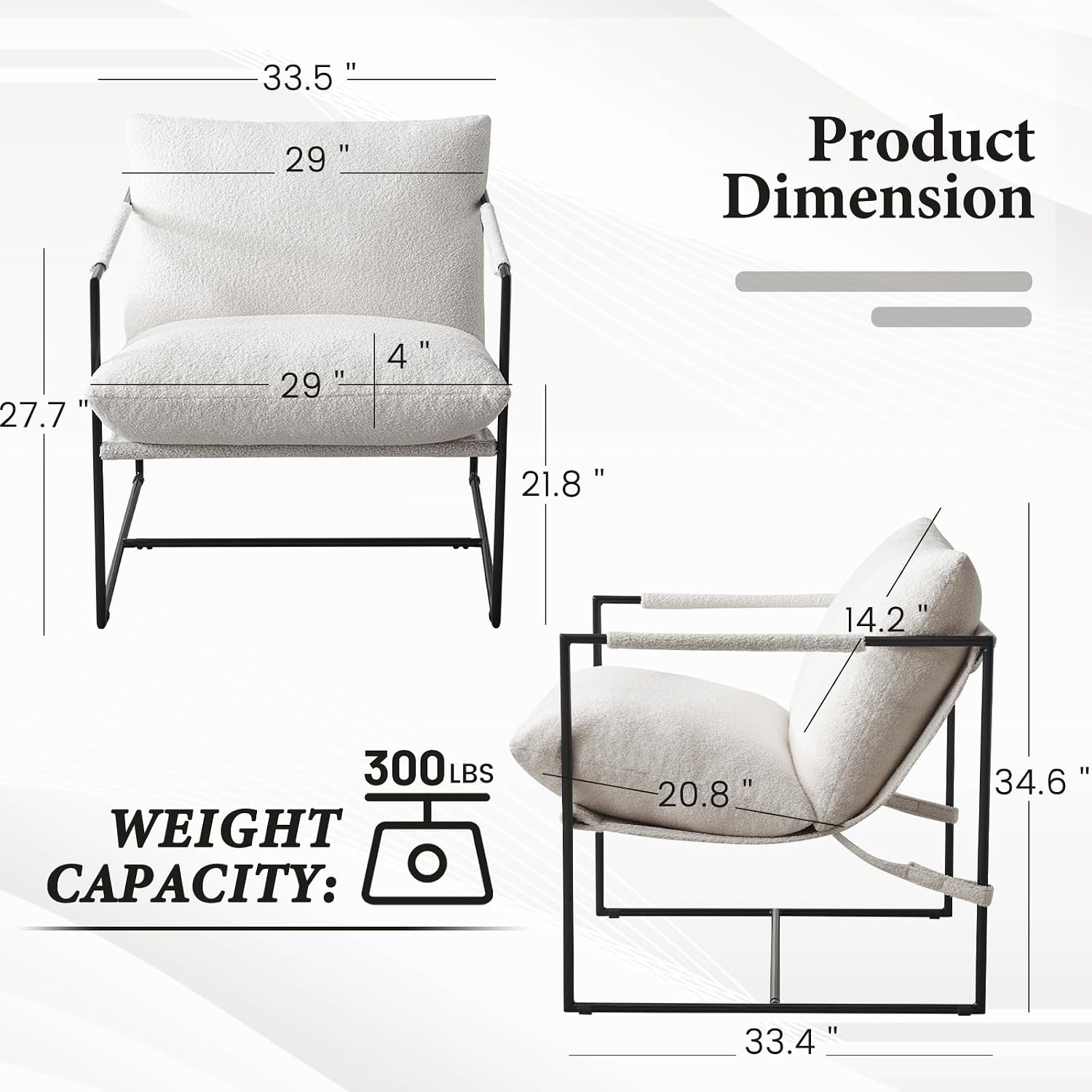 Furnilivng Large Sling Accent Chairs Set of 2, Comfortable Boucle Fabric Arm Chair, Upholstered Cozy Reading Chair for Living Room, Bedroom, Dressing Room, Home Office, White