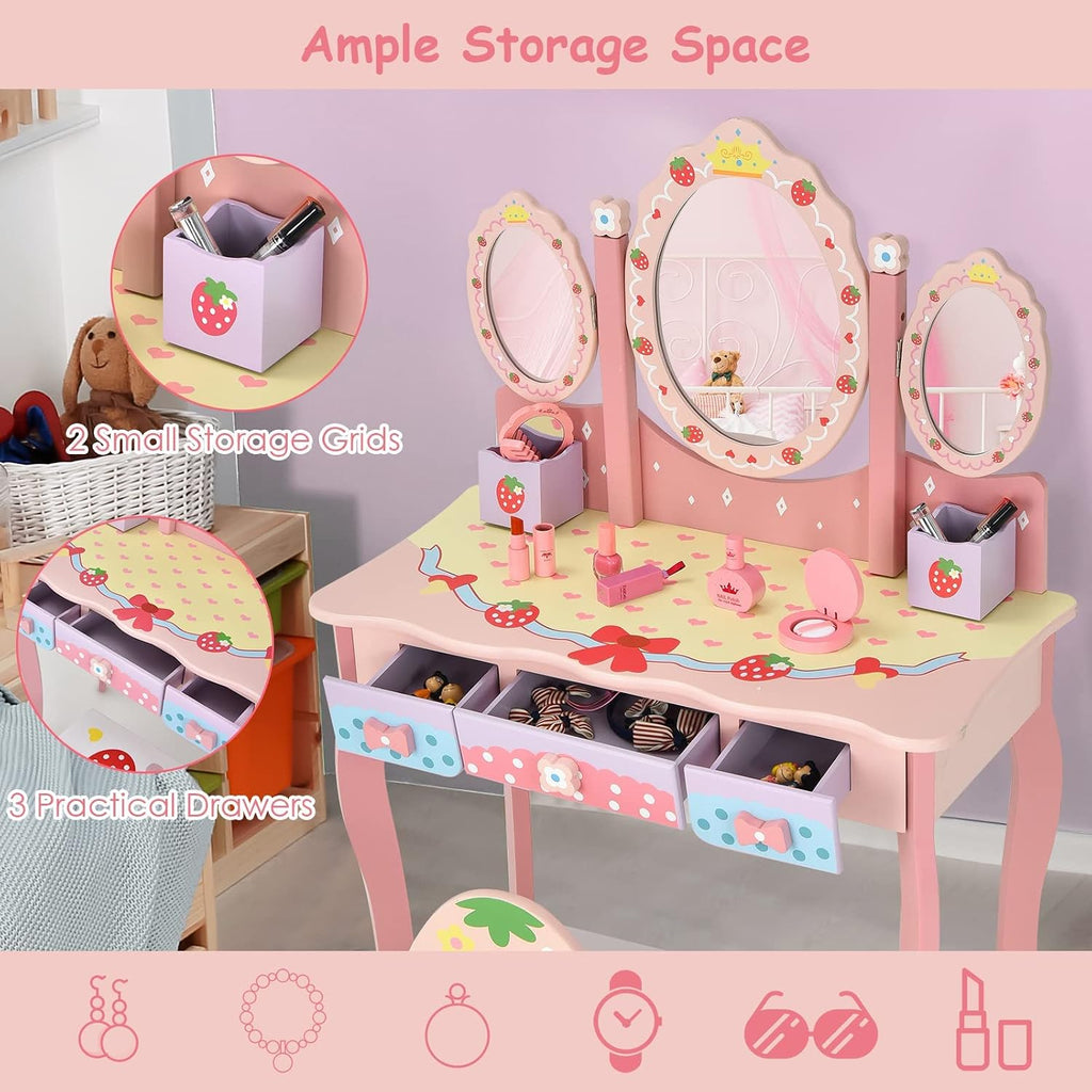 HONEY JOY Kids Vanity, Strawberry Princess Wooden Makeup Dressing Table & Chair Set w/Real Glass Tri-Fold Oval Mirror & Accessories, Detachable Top, Pretend Play Vanity Set for Little Girls(Pink)