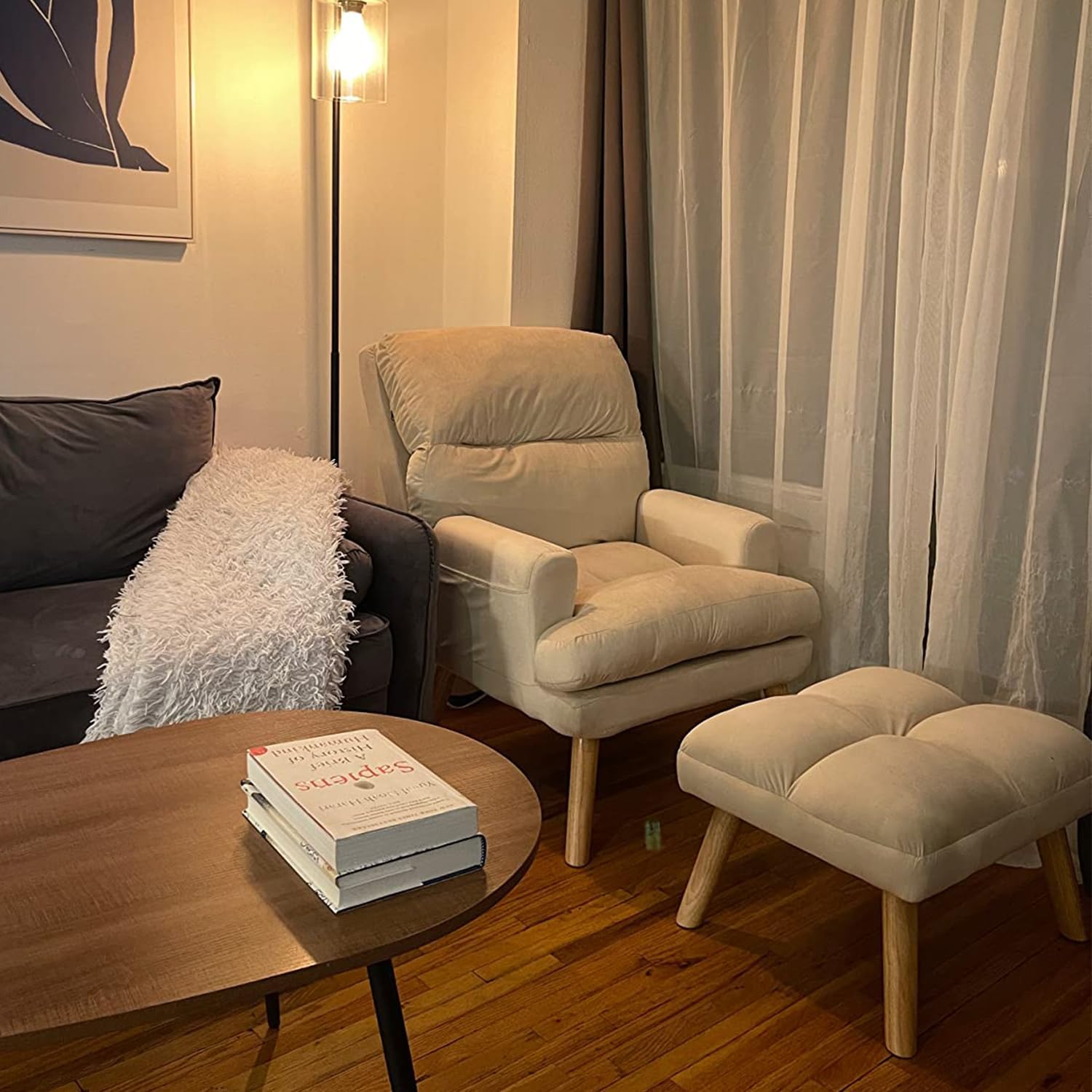 INZOY Accent Chairs with Ottoman Set, Modern Velvet Armchair with Adjustable Backrest, Comfy Lounge Chair for Living Room Bedroom, Beige