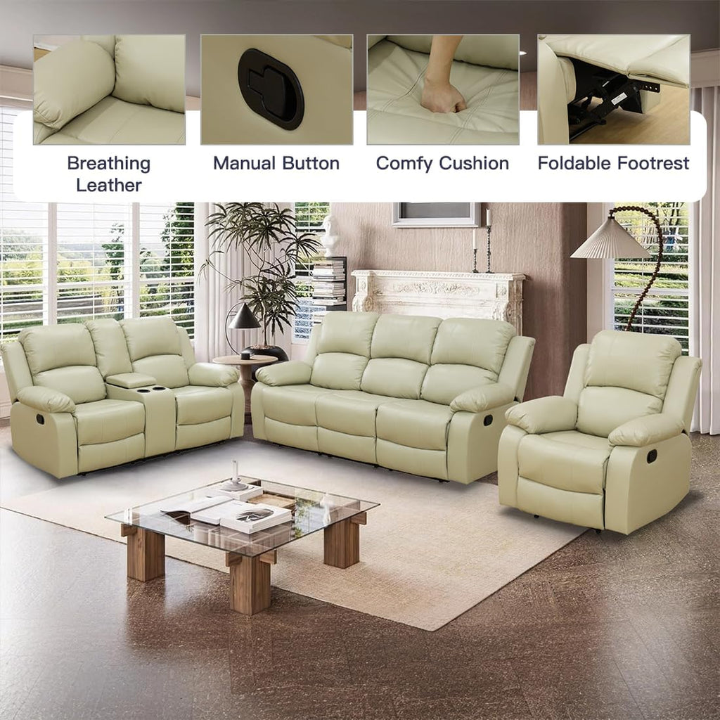 Manual Reclining Couch Sofa Set with Drop-Down Table, 3 Pieces Beige Leather Recliner Couch Sets, Living Room Furniture Sets, Recliner Sofa with Storage Console/Cup Holder for Home/Apartment