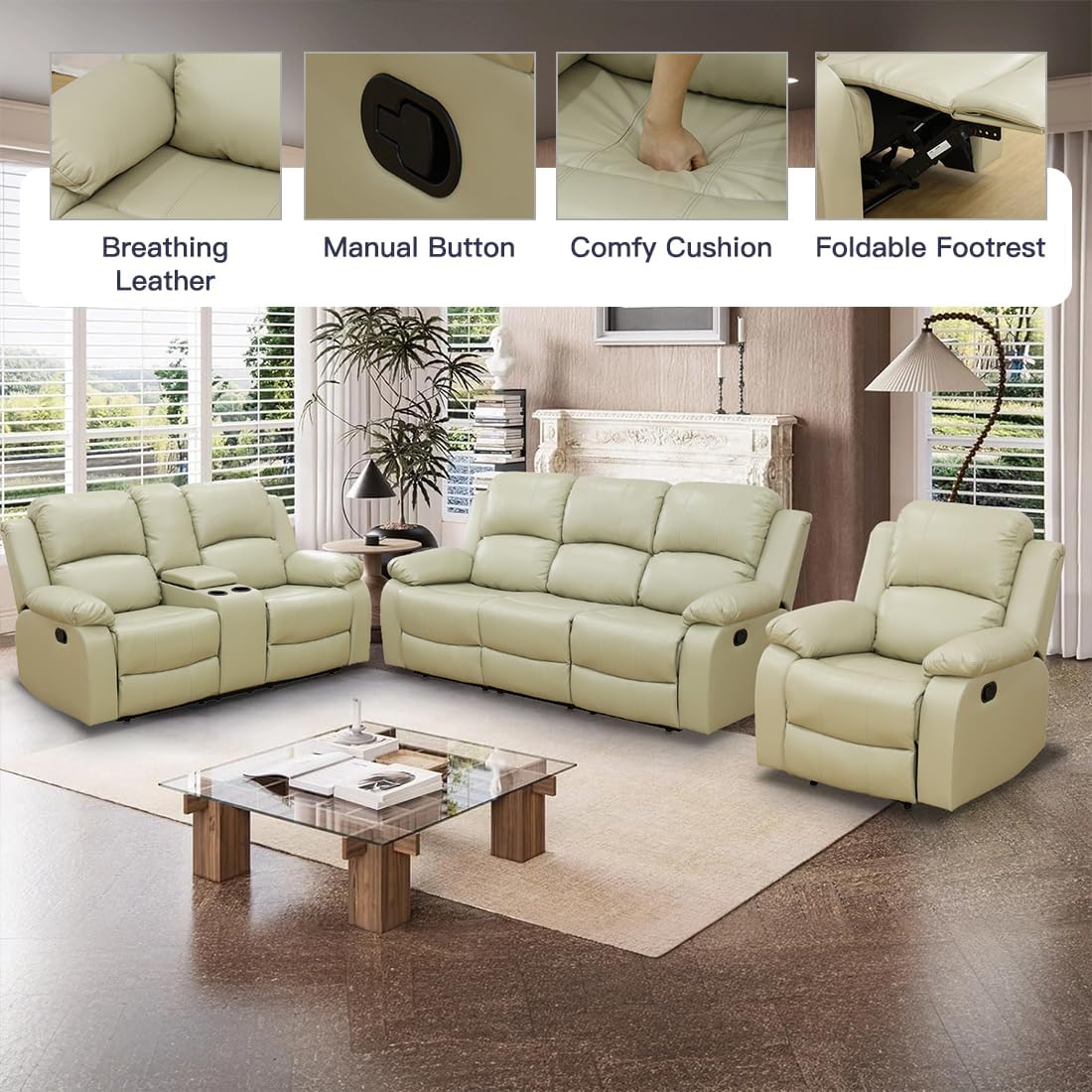 Manual Reclining Couch Sofa Set with Drop-Down Table, 3 Pieces Beige Leather Recliner Couch Sets, Living Room Furniture Sets, Recliner Sofa with Storage Console/Cup Holder for Home/Apartment