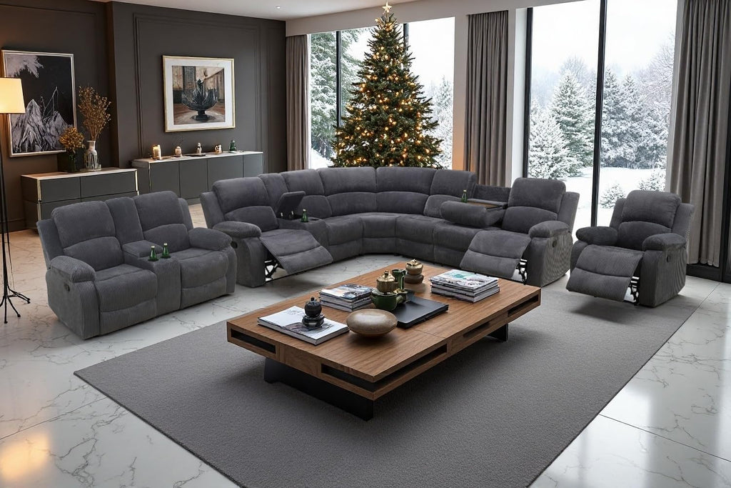 A Ainehome Manual Sectional Couch Recliner Sofa Set with Storage, Corduroy Sofa Sets Manual Reclining Sectional Couches for Living Room with 5 Recliner Seats(Living Room Set, Dark Grey)