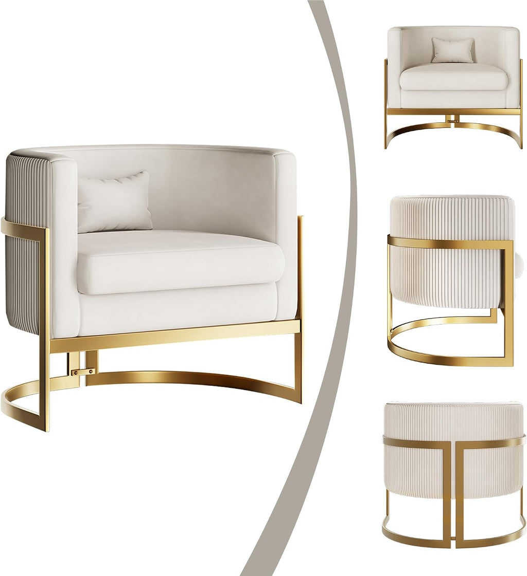 Velvet Accent Chair Modern Barrel Chair with Gold Legs Upholstered Armchair for Bedroom Living Room Sofa Chair Club Side Chairs Ivory