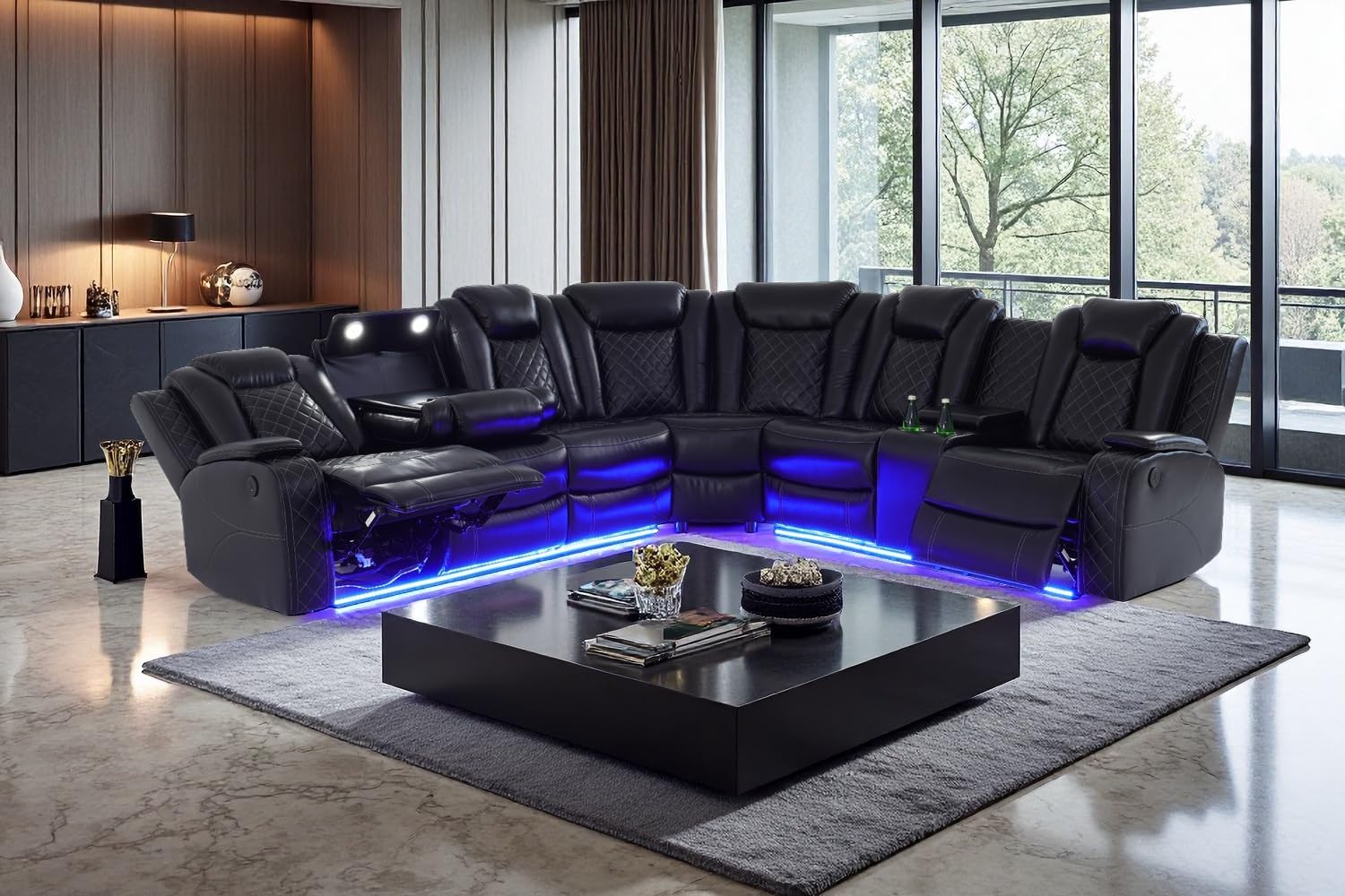 A Ainehome Power Recliner Set, Leather Sectional Sofa Set for Living Room, Home Theater, with LED Lights, Cup Holder, Hide-Away Storage, Wireless Charging(A-Black)