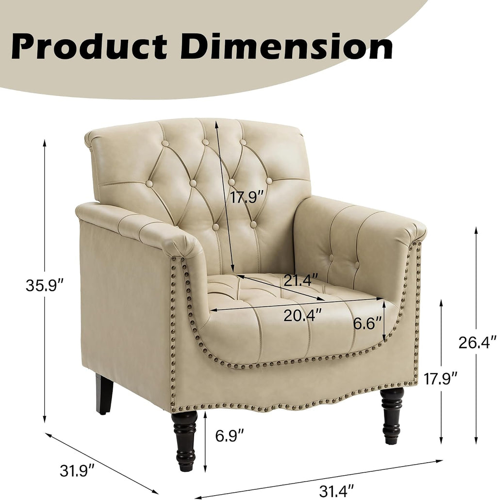 Lumibee Faux Leather Armchairs, Contemporary Accent Chairs Set of 2 with Nailhead Trims & Wood Legs for Living Room, Upholstered Comfy Arm Chairs for Office,Bedroom-Beige