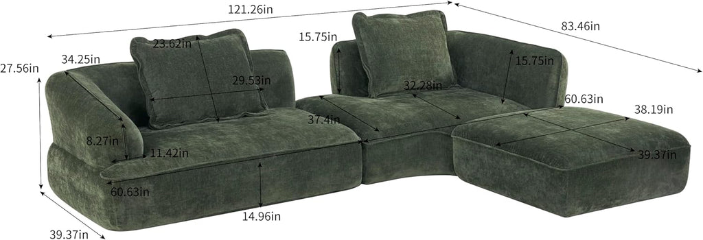 Christopher Knight Home Zacha 121' Modular L-Shape Sofa Couch with Chaise Lounge, Modern Boneless Sofa for Living Room, Fabric Upholstered Cloud Couch with Deep Seat, Olive Green