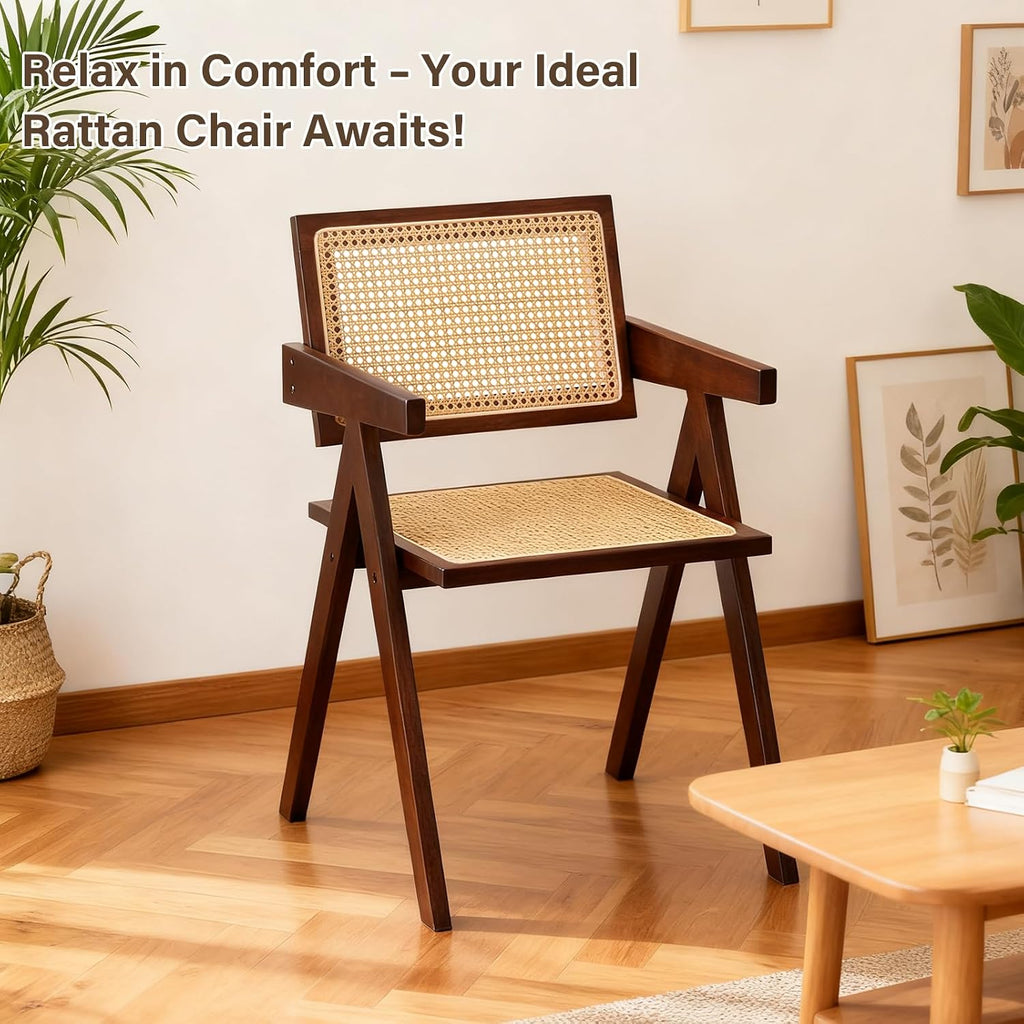 Furlide Rattan Accent Chairs, Modern Mid Century Dining Chairs Set of 2, Comfy Armchairs, Outdoor Rattan Chairs with Armrest for Bedroom Living Room Reading Room Dining Kitchen, Brown