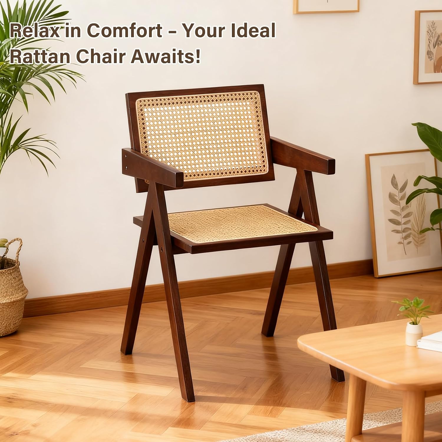 Furlide Rattan Accent Chairs, Modern Mid Century Dining Chairs Set of 2, Comfy Armchairs, Outdoor Rattan Chairs with Armrest for Bedroom Living Room Reading Room Dining Kitchen, Brown