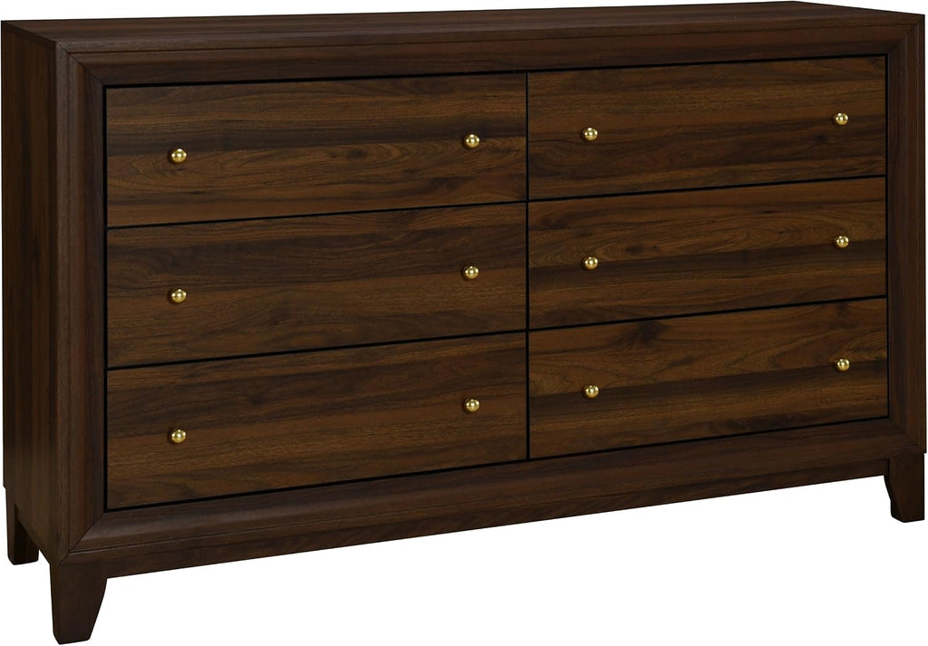 Coaster Home Furnishings - Welsley - Engineered Wood - 6-Drawer Dresser with Gold Round Knobs, Block Legs, Mitered Trim, Transitional Style - Bedroom - Walnut - 223443
