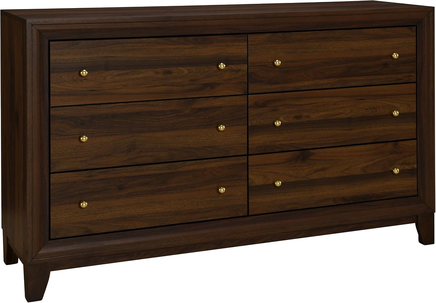 Coaster Home Furnishings - Welsley - Engineered Wood - 6-Drawer Dresser with Gold Round Knobs, Block Legs, Mitered Trim, Transitional Style - Bedroom - Walnut - 223443