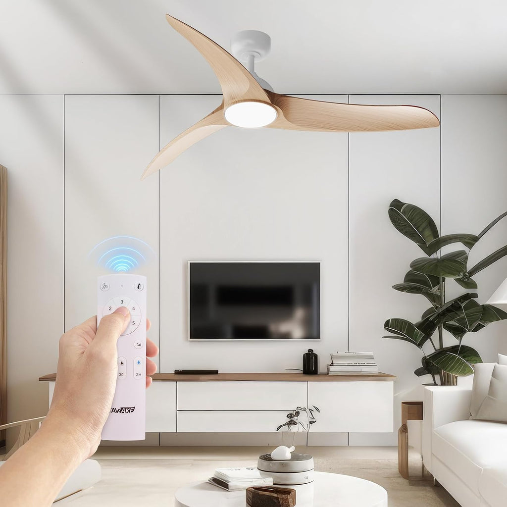 Ceiling Fans with Lights, Flush Mount Ceiling Fan with Light and Remote, LED Dimmable, 6 Speeds, Quiet Reversible Motor, Modern Ceiling Fan with Light for Indoor/Outdoor (Wood, 42 inch + 56 inch)
