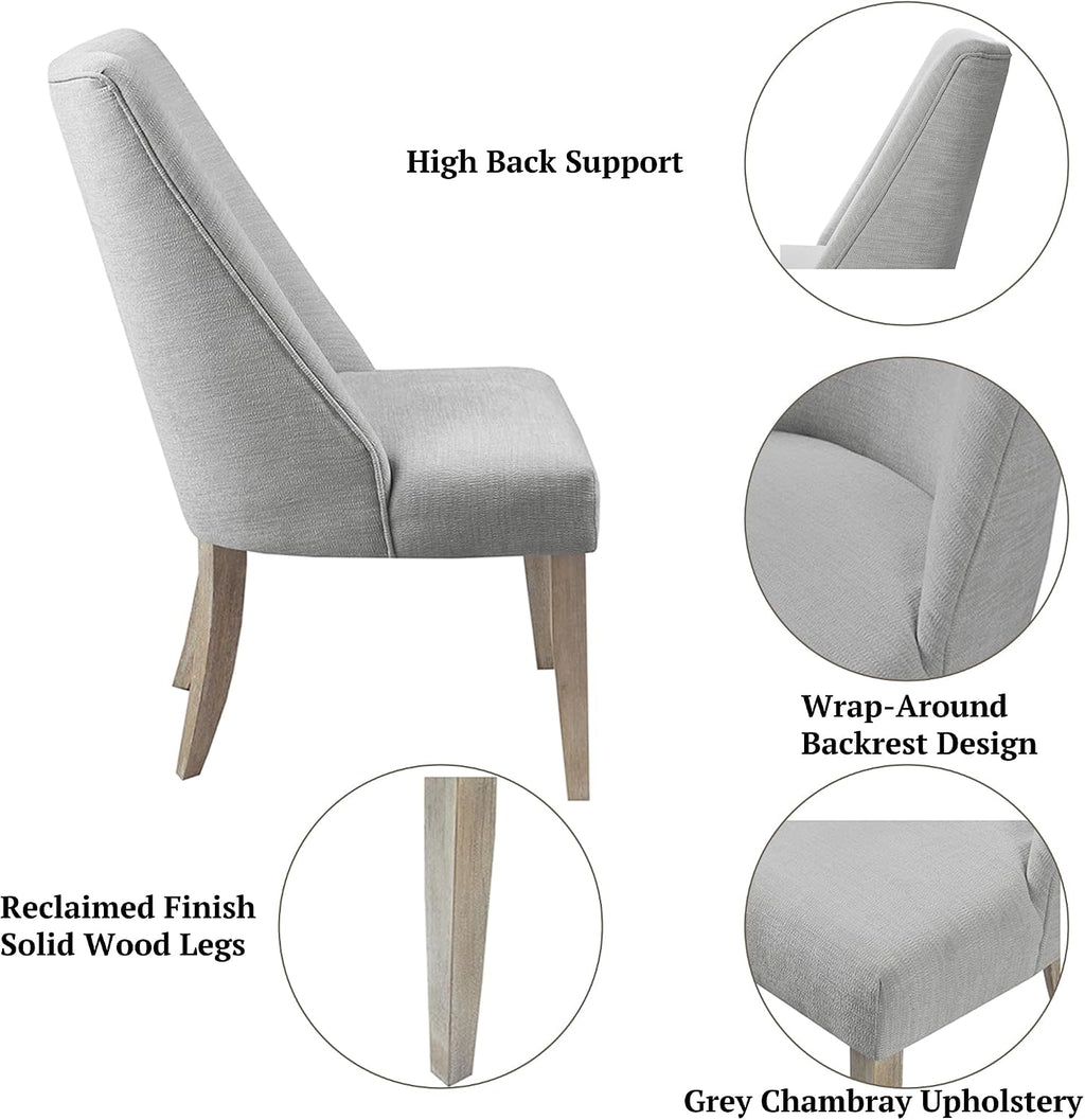 Martha Stewart Winfield Upholstered High Back Accent Dining Chairs Set of 2, Padded Seat, Solid Wood Legs, Chambray Jacquard Textured Fabric, Cottage, Farmhouse for Kitchen, Room, Light Grey