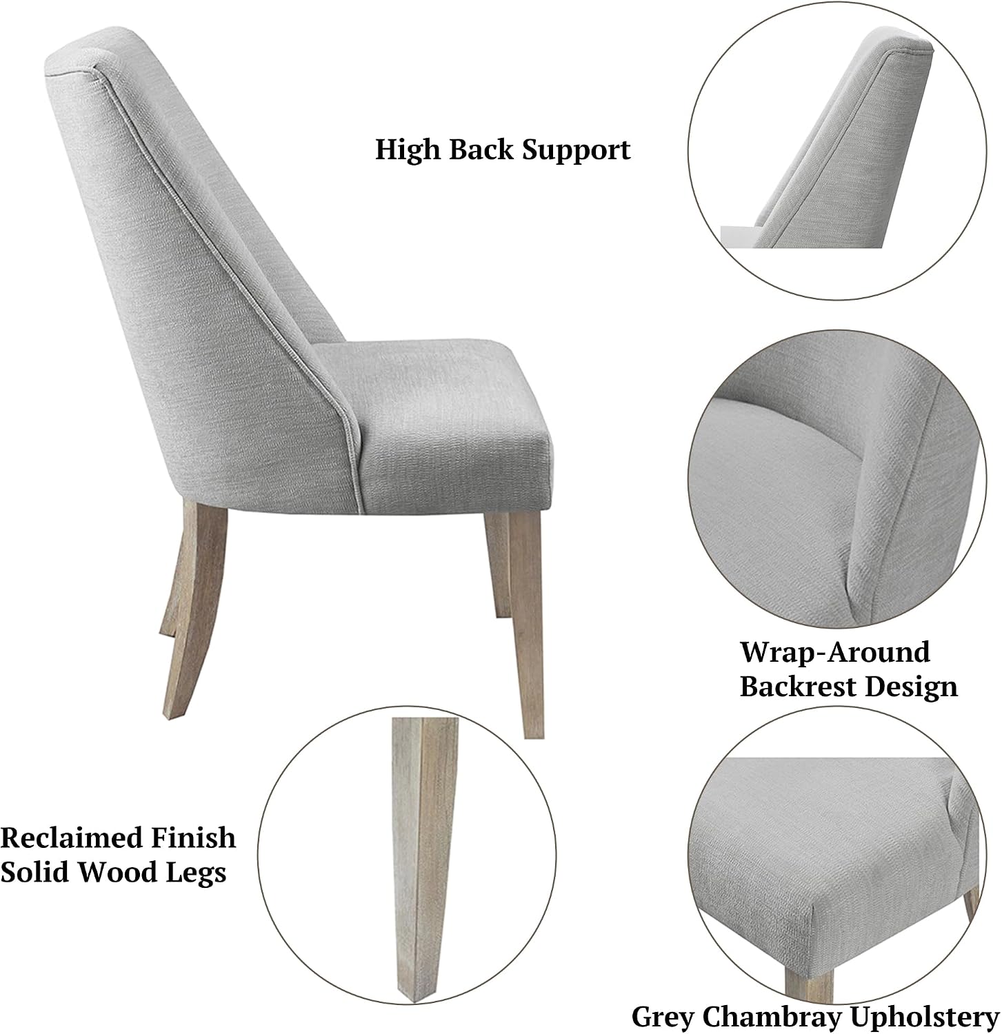 Martha Stewart Winfield Upholstered High Back Accent Dining Chairs Set of 2, Padded Seat, Solid Wood Legs, Chambray Jacquard Textured Fabric, Cottage, Farmhouse for Kitchen, Room, Light Grey