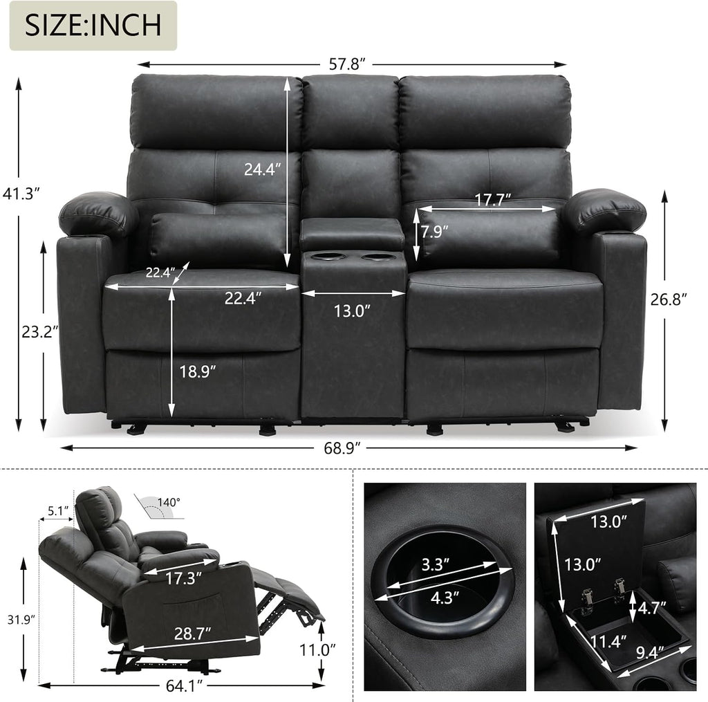 Power Reclining Loveseat with Console, Power Loveseat Recliner Sofa with Heat and Massage, Extended Footrest, Wall Hugger RV Recliner with Cup Holders, Lumbar Support for Living Room