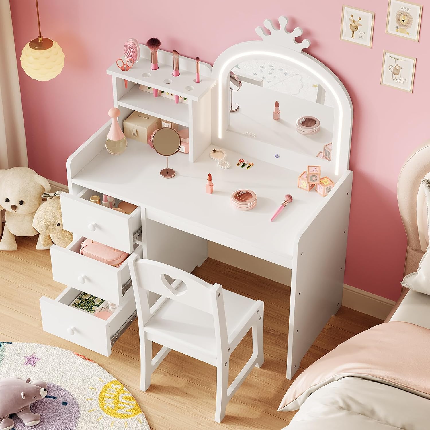 GAOMON Kids Vanity Table and Chair Set with Mirror & LED Lights, 2-in-1 White Princess Wooden Makeup Desk with Storage Shelves and Drawers, Pretend Play, White