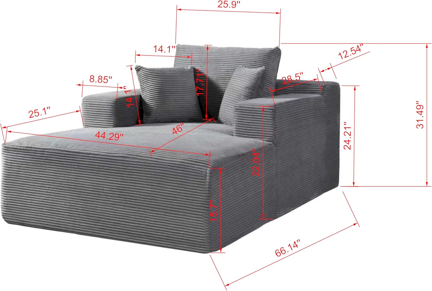 Container Furniture Direct Dawson Convertible Chaise Lounge Chair Indoor – Oversized Corduroy Couch with Wide Armrest & Throw Pillows, Cozy Boneless Sleeper Sofa Bed Armchair, Ginger Yellow