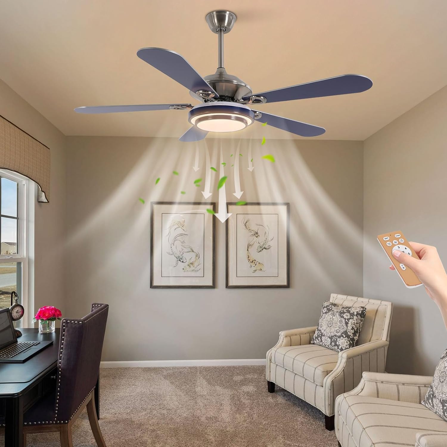 52' Ceiling Fans with Lights, Flush Mount Ceiling Fan Light with Remote Control, Reversible, Quiet, 6 Wind Speeds, Timing Function, for Bedroom Indoor/Outdoor Use, Blue