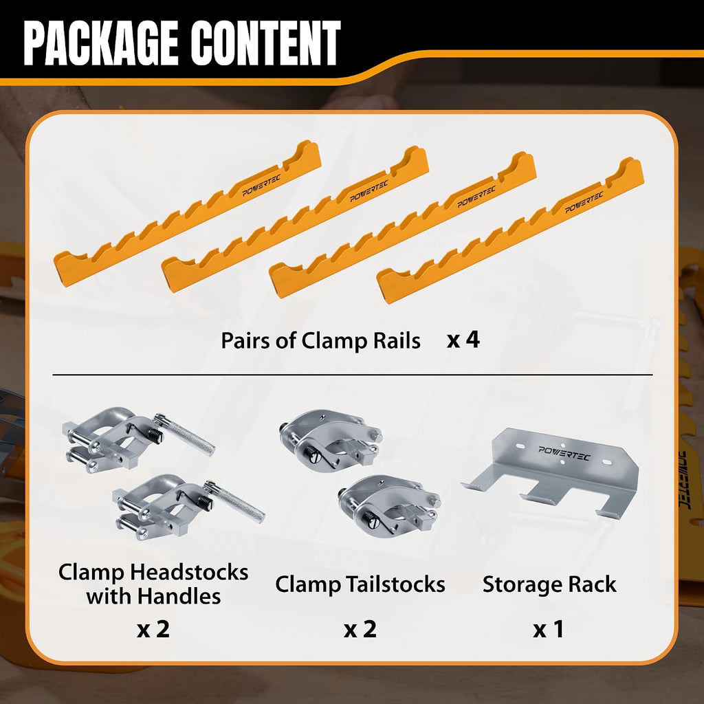 POWERTEC 16' Panel Clamps, 4-Way Pressure Cabinet Clamp Set with Storage Rack, Panel Glue-Up Clamps for Cutting Boards, Tabletops & Wood Panels (72436)