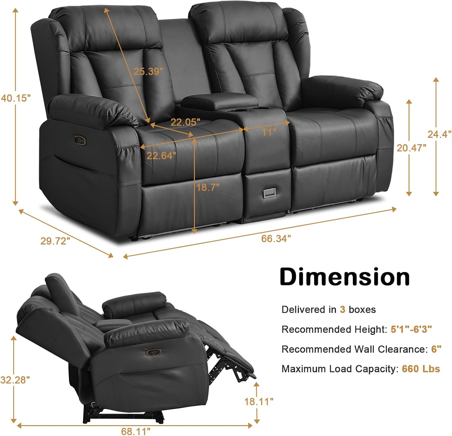 Power Reclining Loveseat Sofa, Loveseat Recliner Couch with Console, RV Recliners for Travel Trailers, Home Theater Seating with Cup Holders/LED/Drawer/USB/USB C (Black)