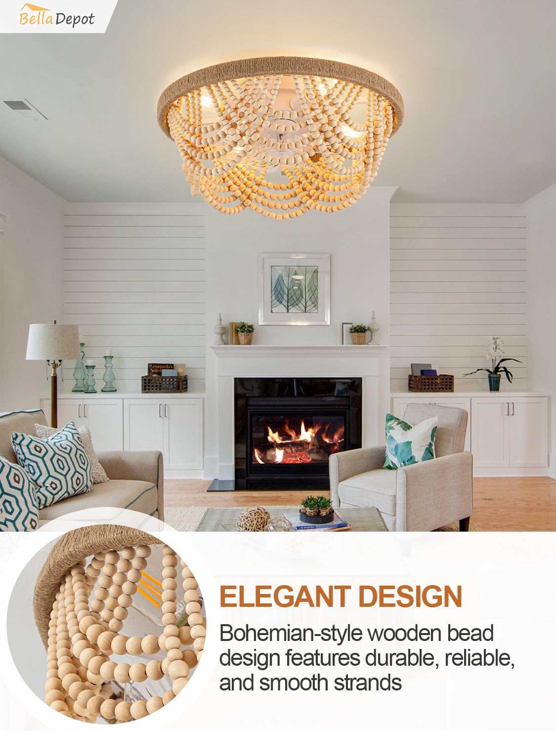 Bella Depot 20' Boho Caged Ceiling Fan with Light, Flush Mount Wood Beaded Fandelier Chandelier Fan, 6 Speeds Reversible Bladeless Ceiling Fan for Bedroom Kids Room Kitchen
