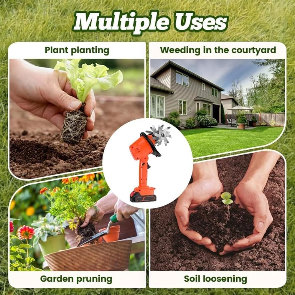 21V Cordless Mini Tiller Cultivator, 2025 New Hand Held Tiller for Gardening, 235RPM with 4 Rows of Tines for Lawn/Gardening/Soil Cultivation, Dual Safety Switch (with Pole)