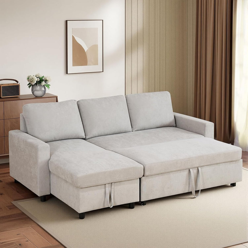 Yafylly L-Shaped Sleeper Sofa with Chaise Lounge & Storage, Pull-Out Couch Bed with Recliner, Full Size Futon for Living Room, Office, Apartment Beige