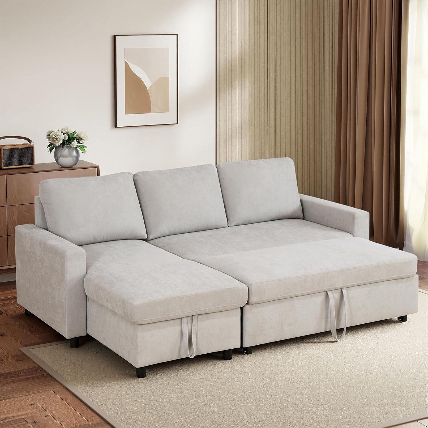 Yafylly L-Shaped Sleeper Sofa with Chaise Lounge & Storage, Pull-Out Couch Bed with Recliner, Full Size Futon for Living Room, Office, Apartment Beige