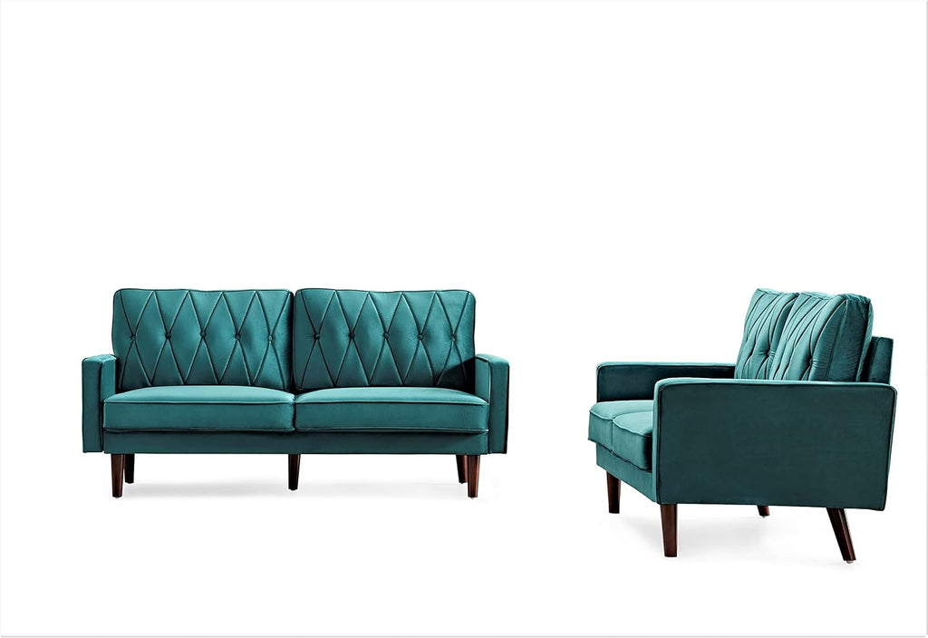 Container Furniture Modern Style Tufted Velvet Couches for Living Room with Soft Fabric Upholstery and Solid Wood Frame, 2 Piece Sofa and Loveseat Set, Green